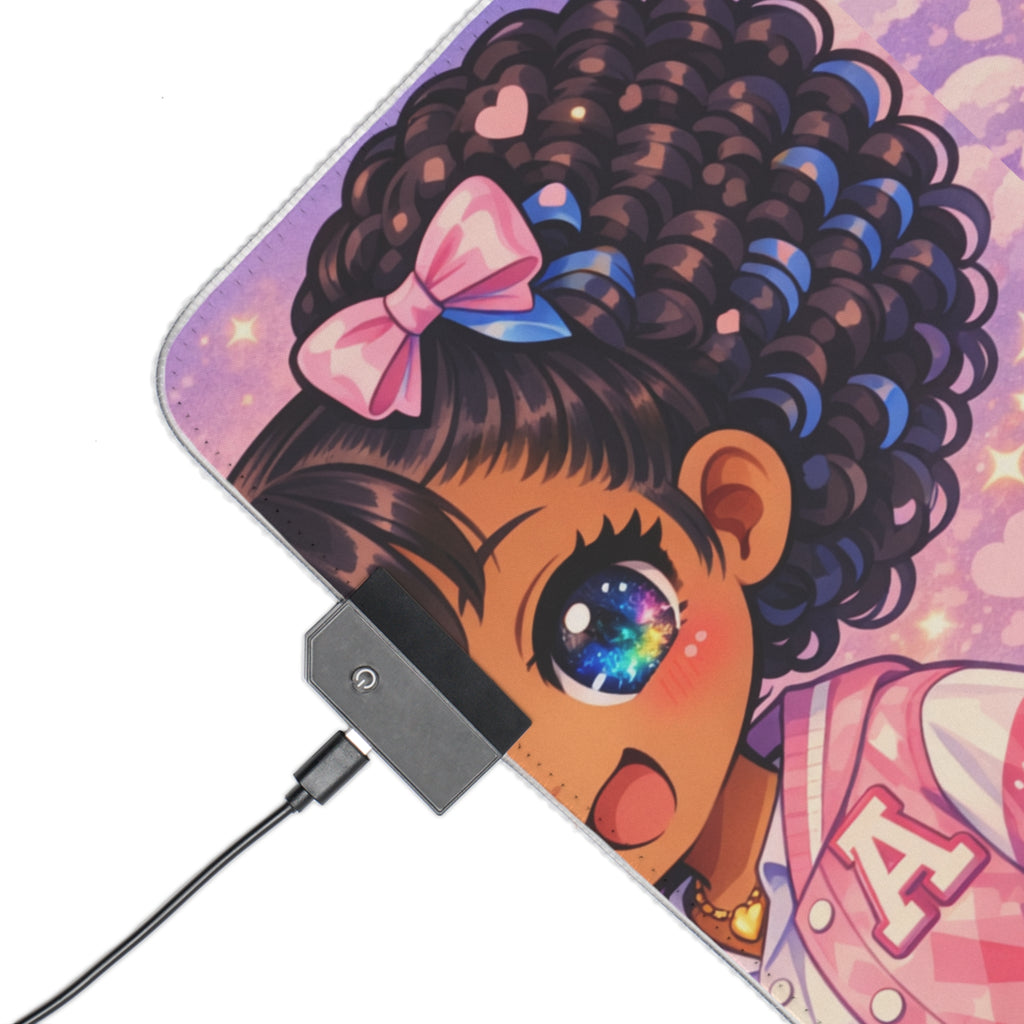 LED Gaming Mouse Pad — Cute Kawaii Afro Girl Pink RGB Desk Mat