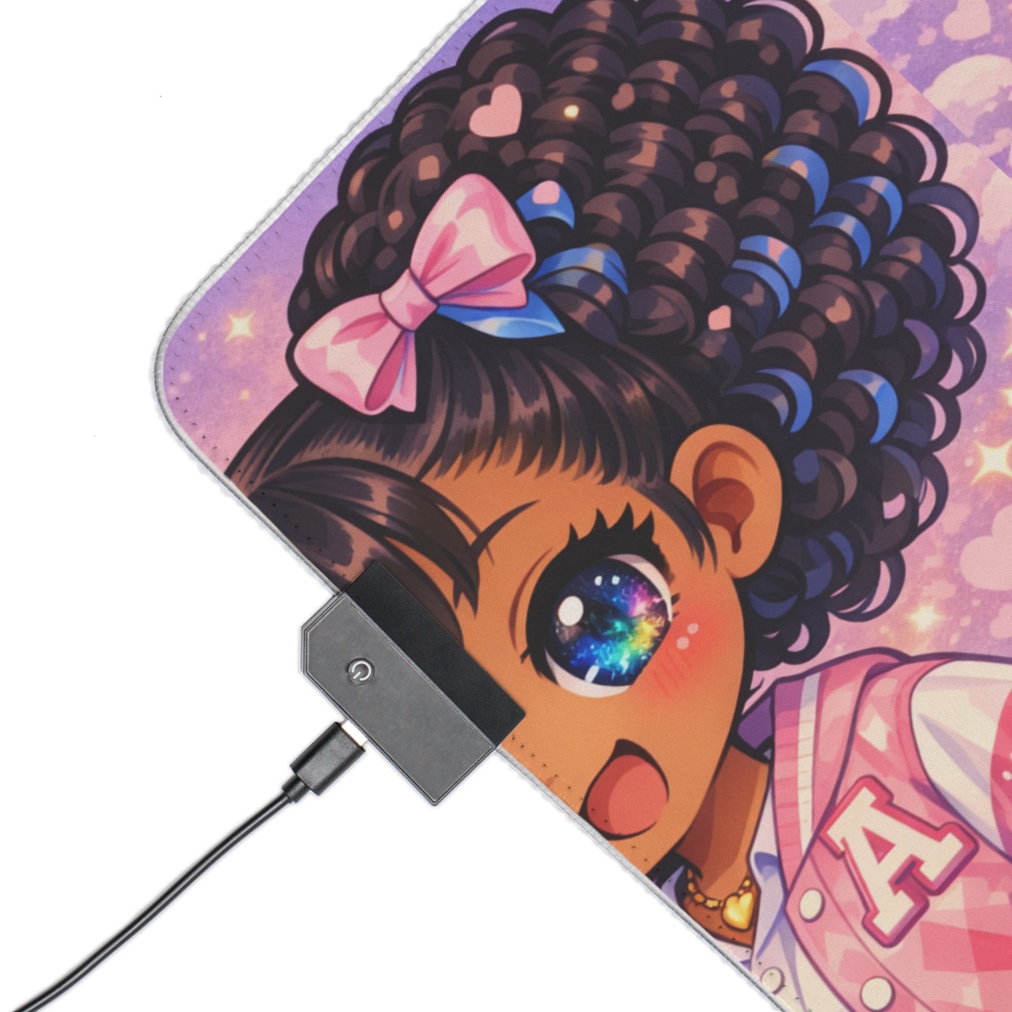 LED Gaming Mouse Pad — Cute Kawaii Afro Girl Pink RGB Desk Mat