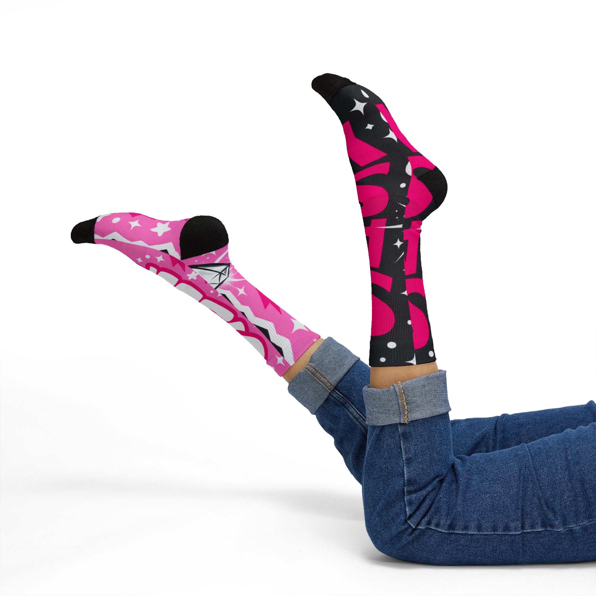 Pink & Black Sparkle Sublimation Socks — 'Sassy' Graphic Crew Socks