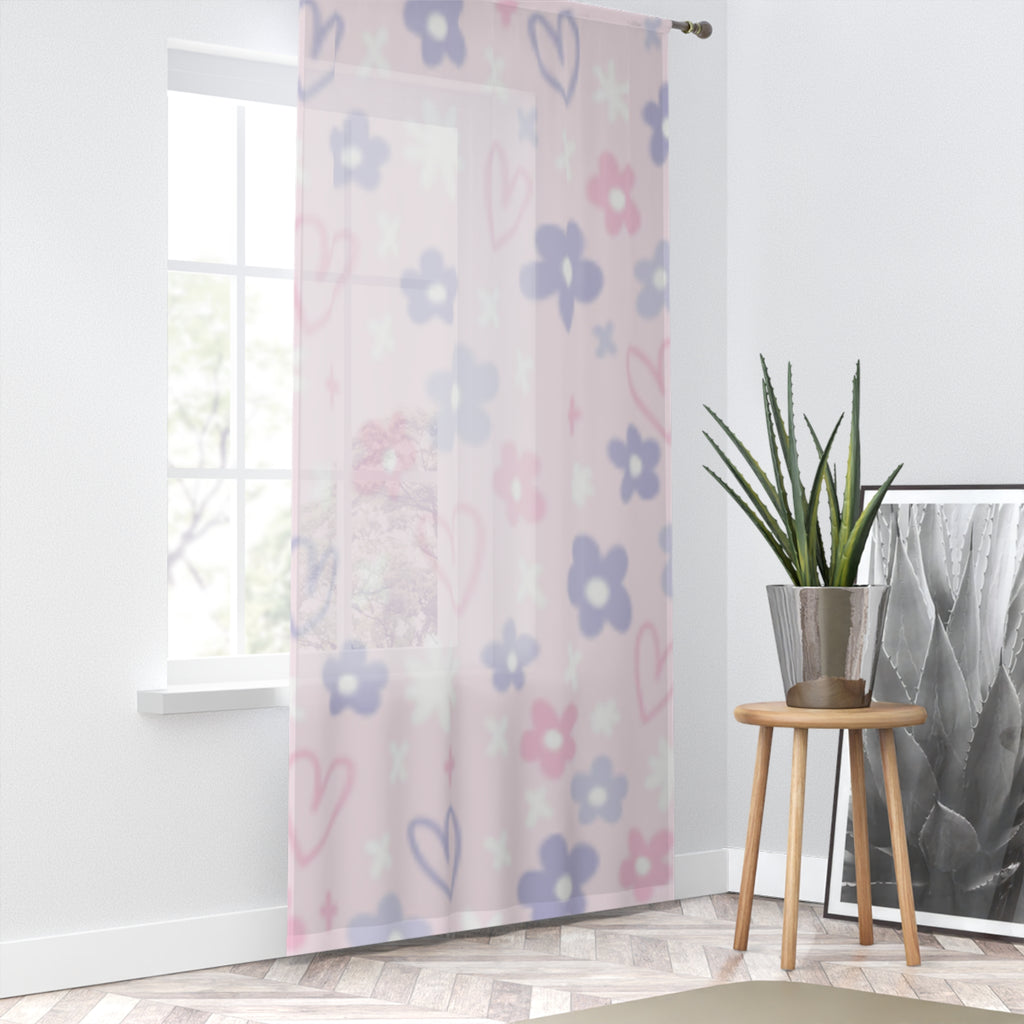 Pastel Floral Hearts Sheer Window Curtain - Light Pink Nursery Drapes