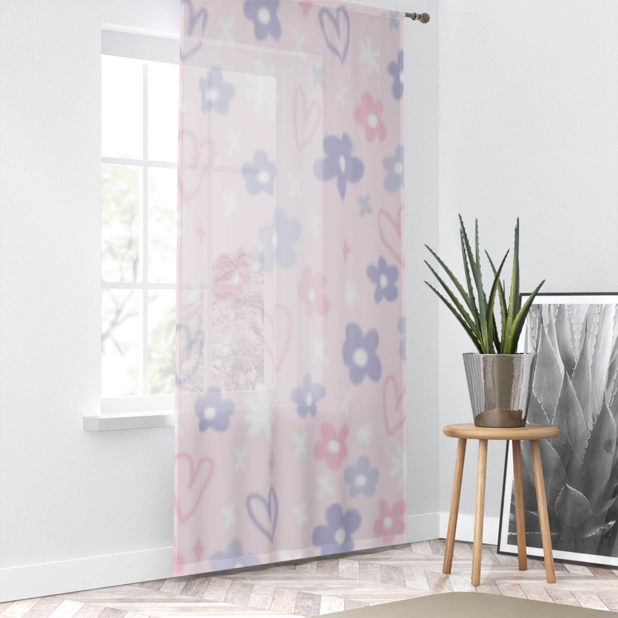 Pastel Floral Hearts Sheer Window Curtain - Light Pink Nursery Drapes