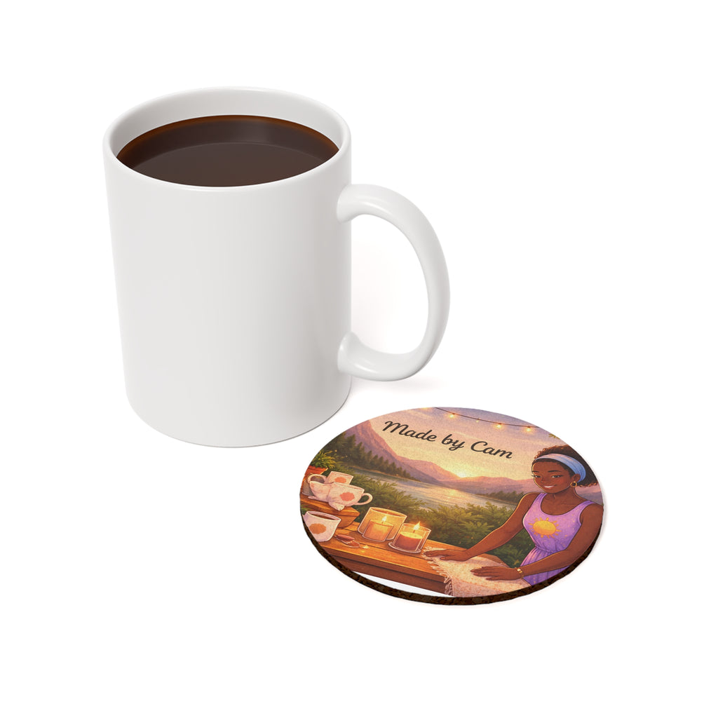 Personalized Cork Coaster — Custom 'Made by Cam' Scenic Candle & Tea Design