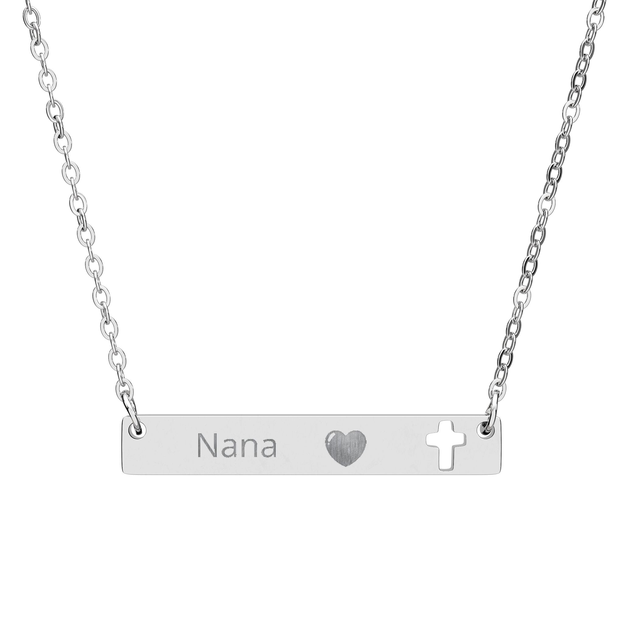 Engravable Cutout Cross Bar Necklace — Personalized Name, Heart & Cross Pendant