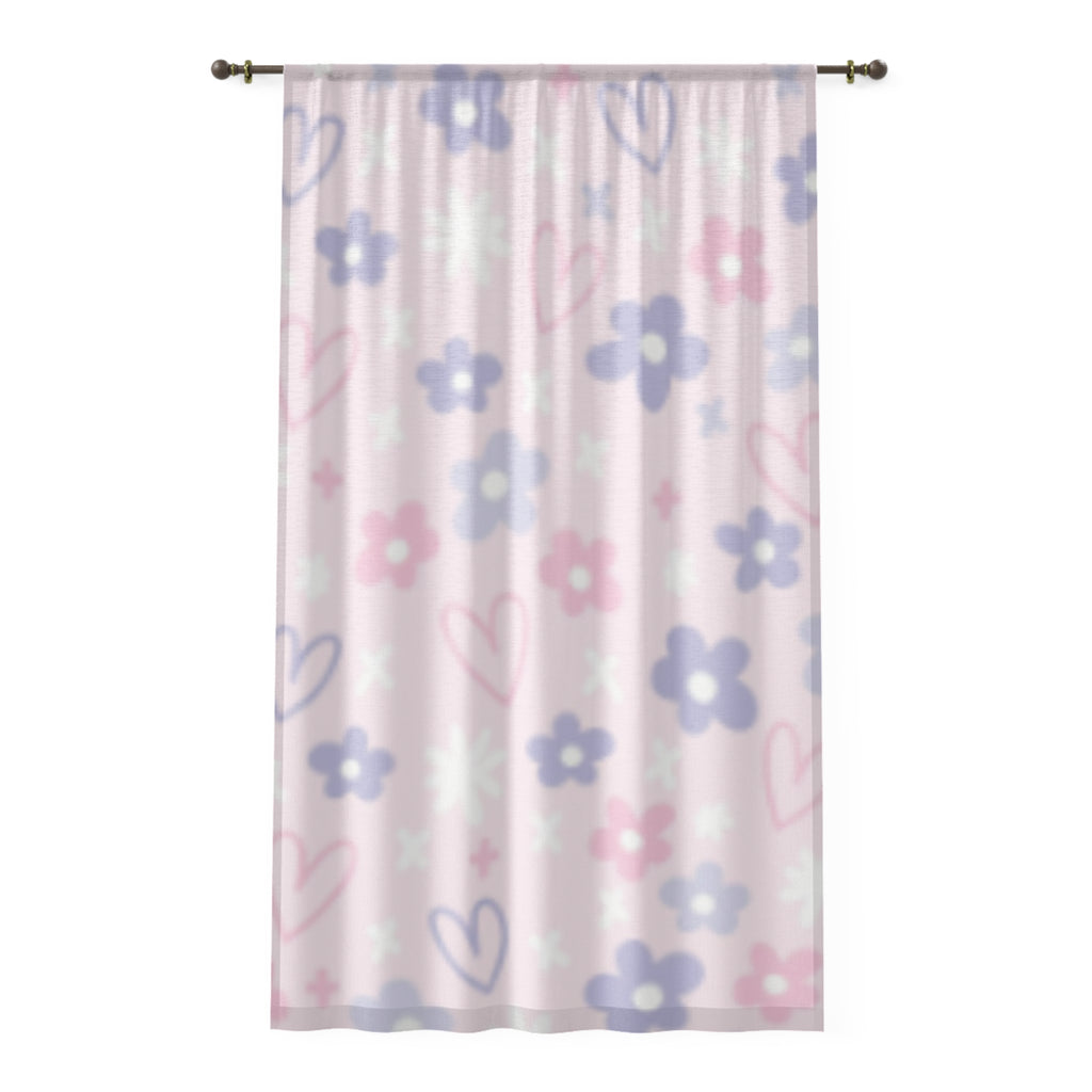 Pastel Floral Hearts Sheer Window Curtain - Light Pink Nursery Drapes