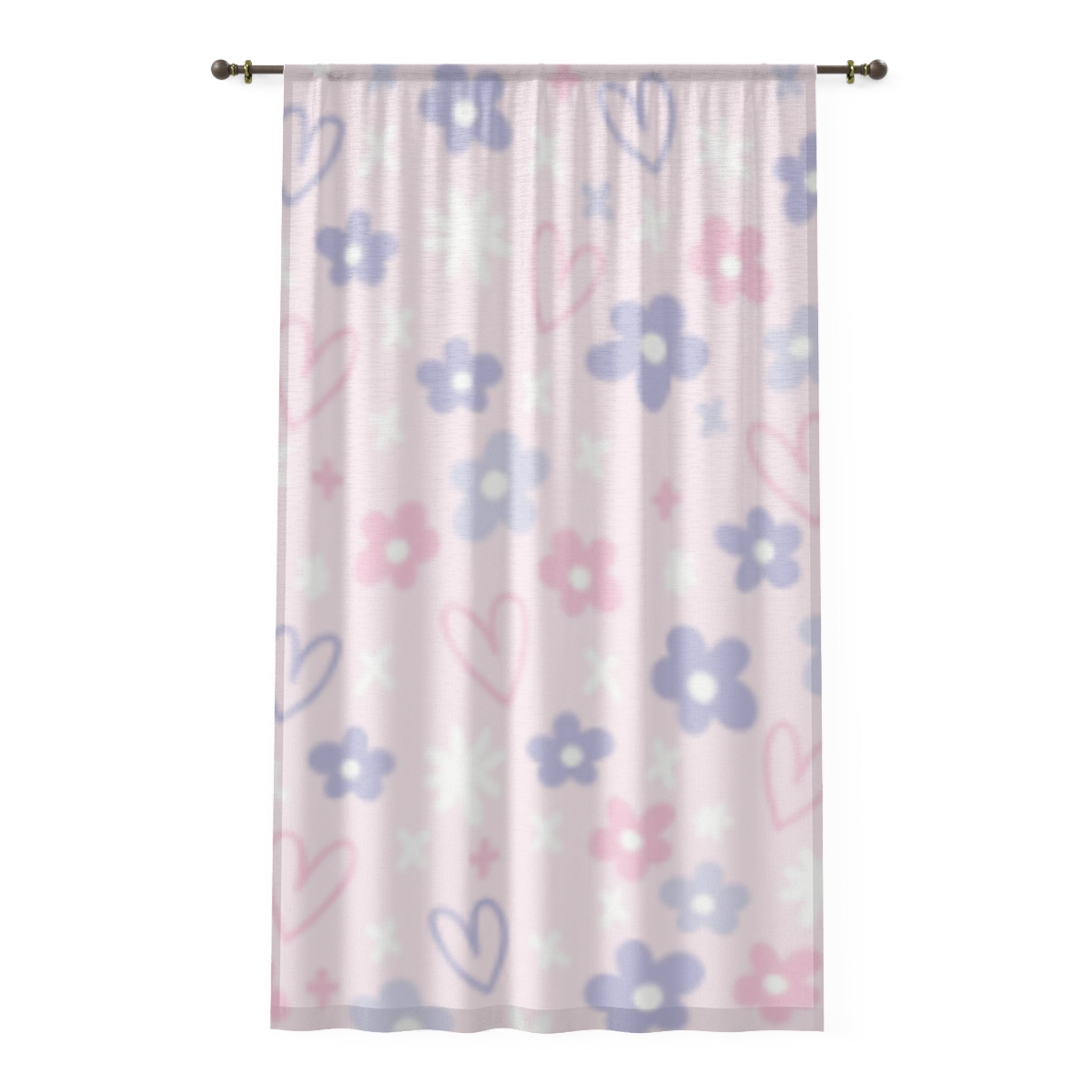 Pastel Floral Hearts Sheer Window Curtain - Light Pink Nursery Drapes
