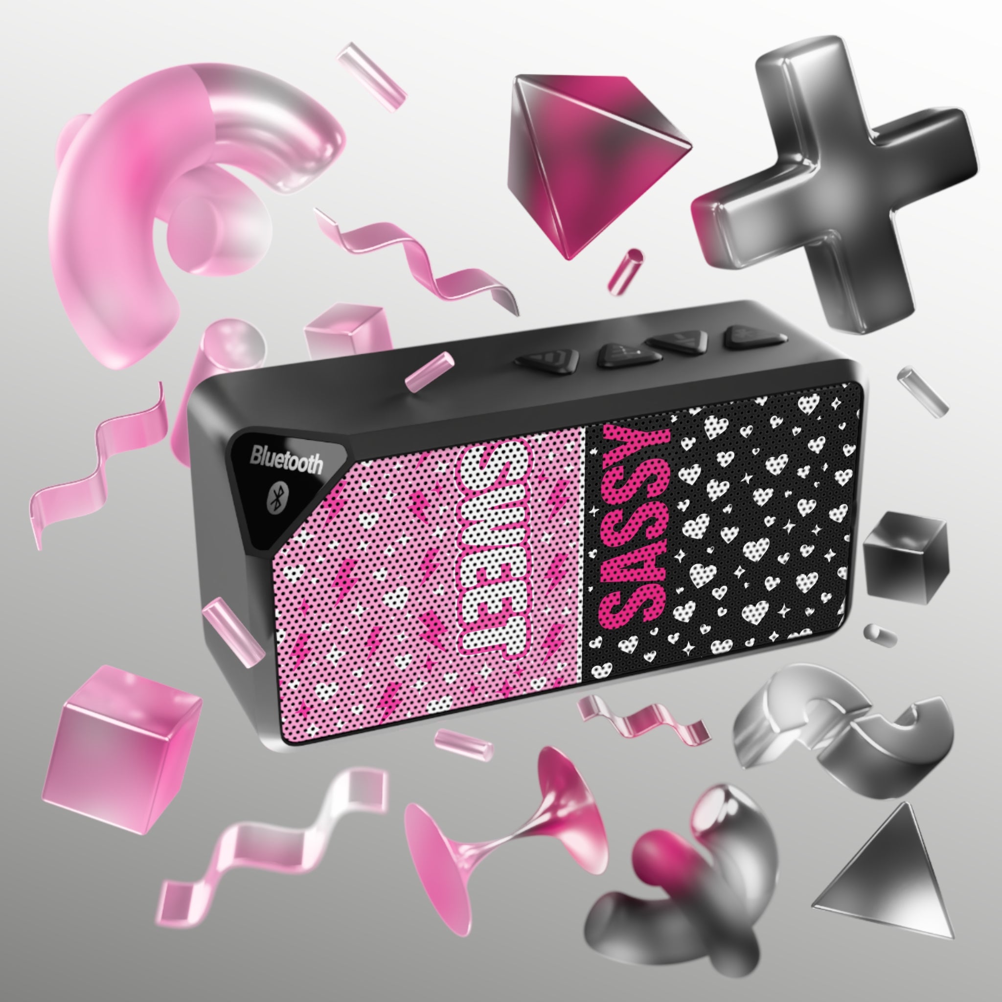 Bluetooth Speaker — “Sweet” Pink & Black Sassy Heart Design
