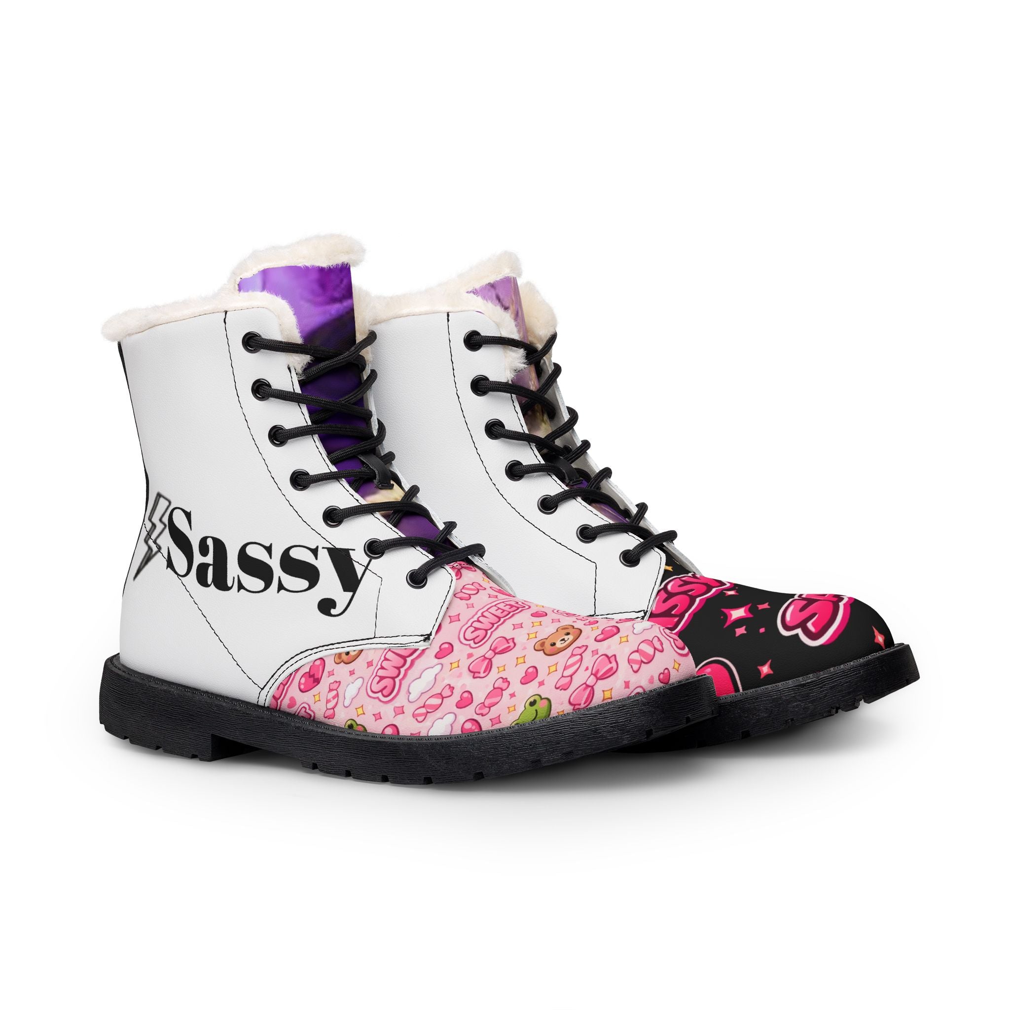 Fur-Lined Leather Boots — Sassy & Sweet Heart Print Women's Winter Boots