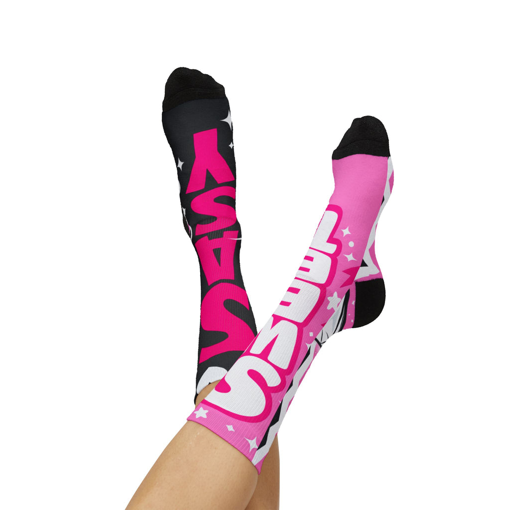 Pink & Black Sparkle Sublimation Socks — 'Sassy' Graphic Crew Socks