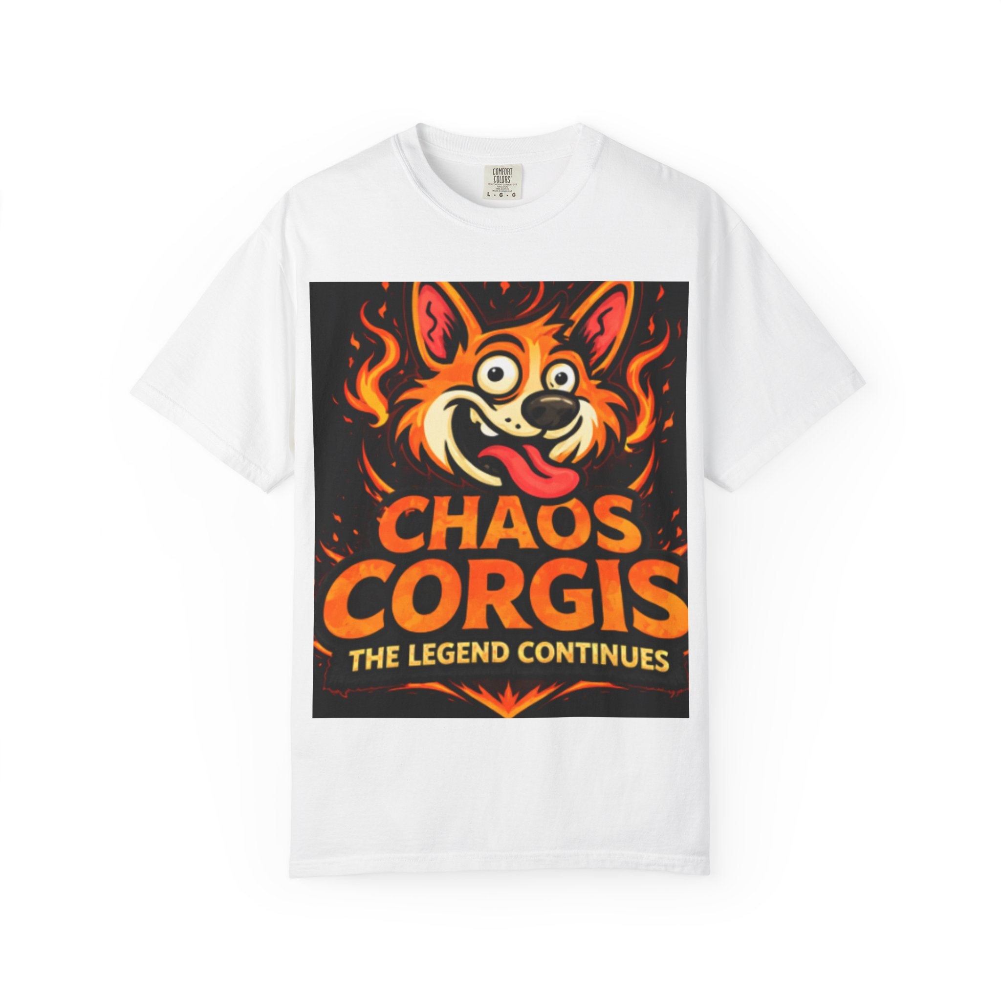 T-Shirt — Chaos Corgis “The Legend Continues” Cute Fiery Corgi Graphic Tee