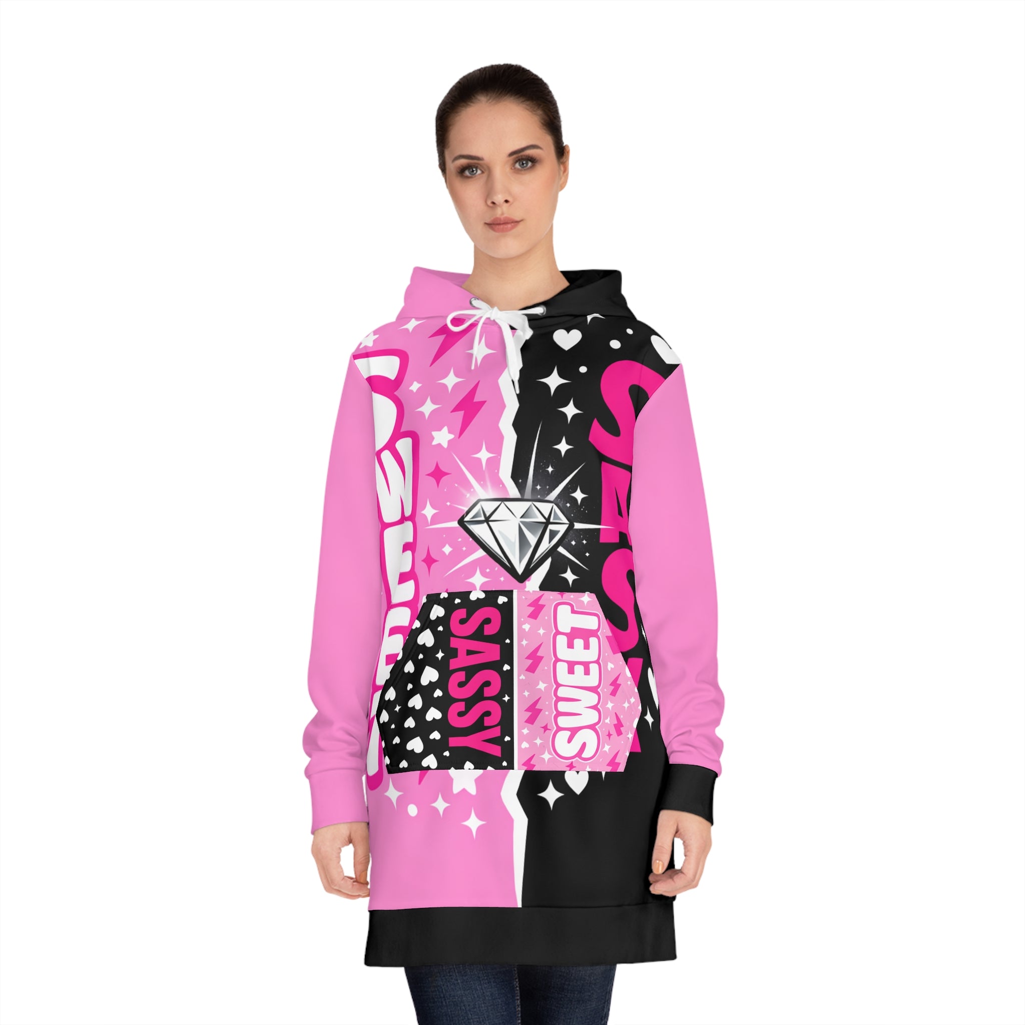 Sweet & Sassy Hoodie Dress – Pink Black Diamond Graphic