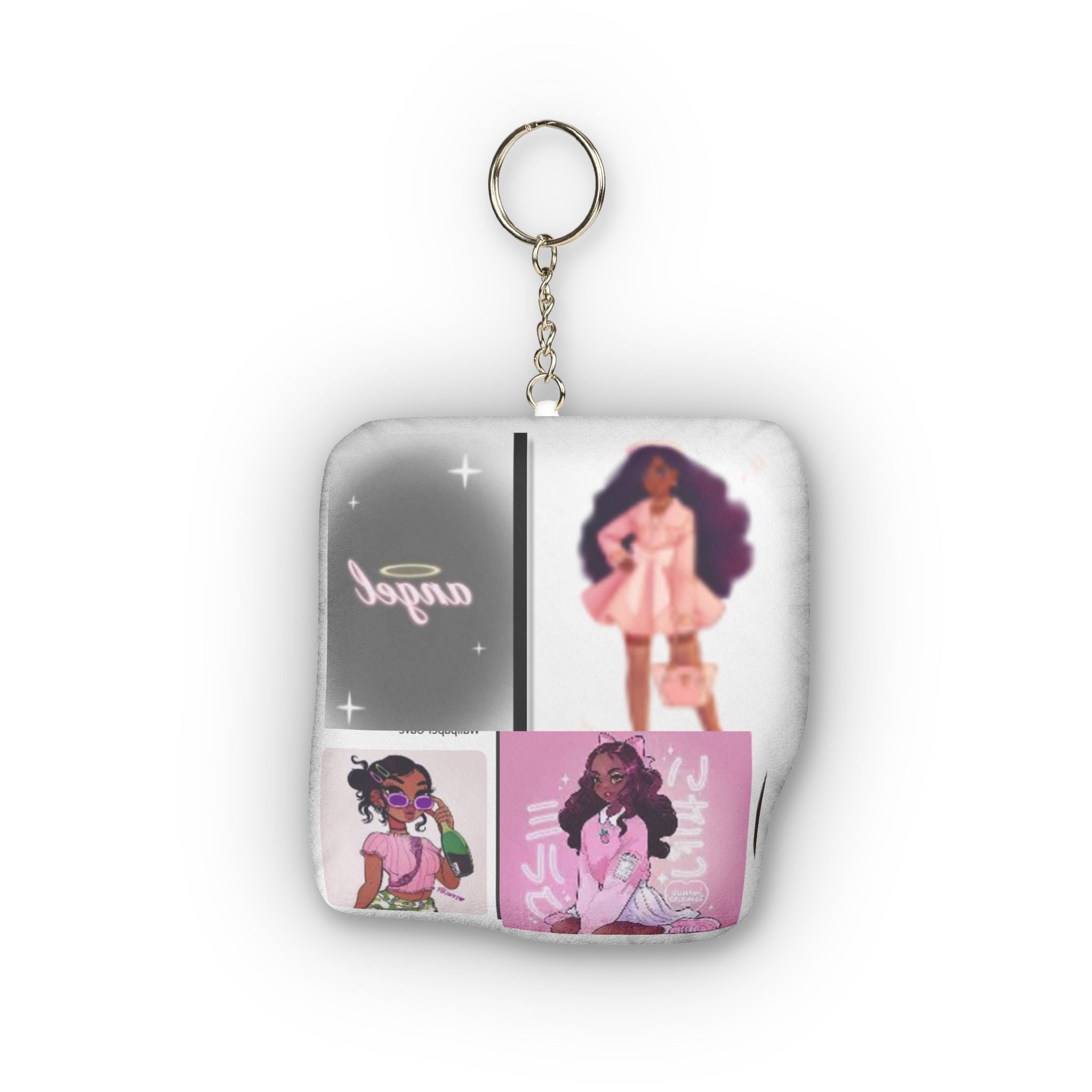 Custom Mini Plush Keychain — Pink Afro Girl Collage "Angel" Design