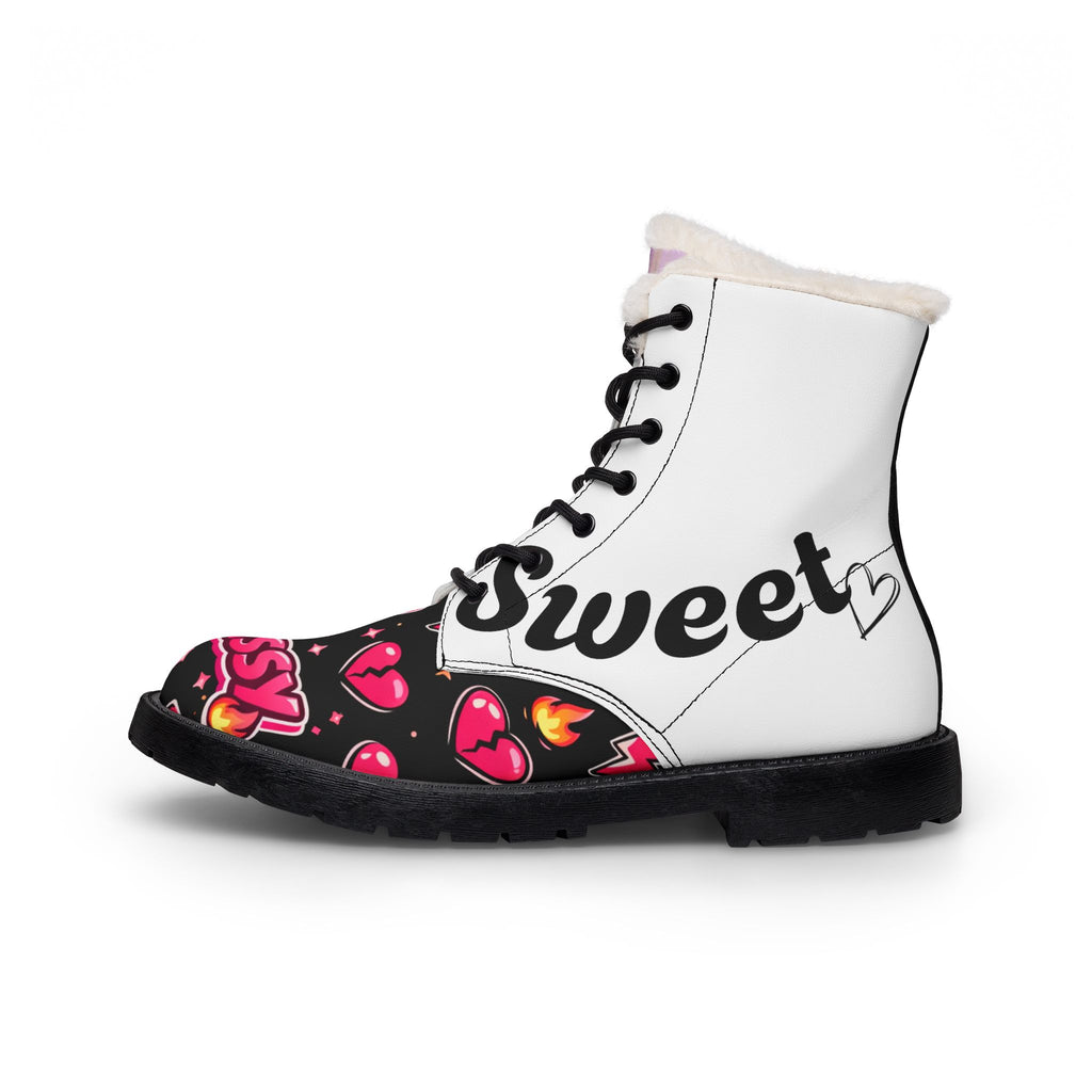 Fur-Lined Leather Boots — Sassy & Sweet Heart Print Women's Winter Boots