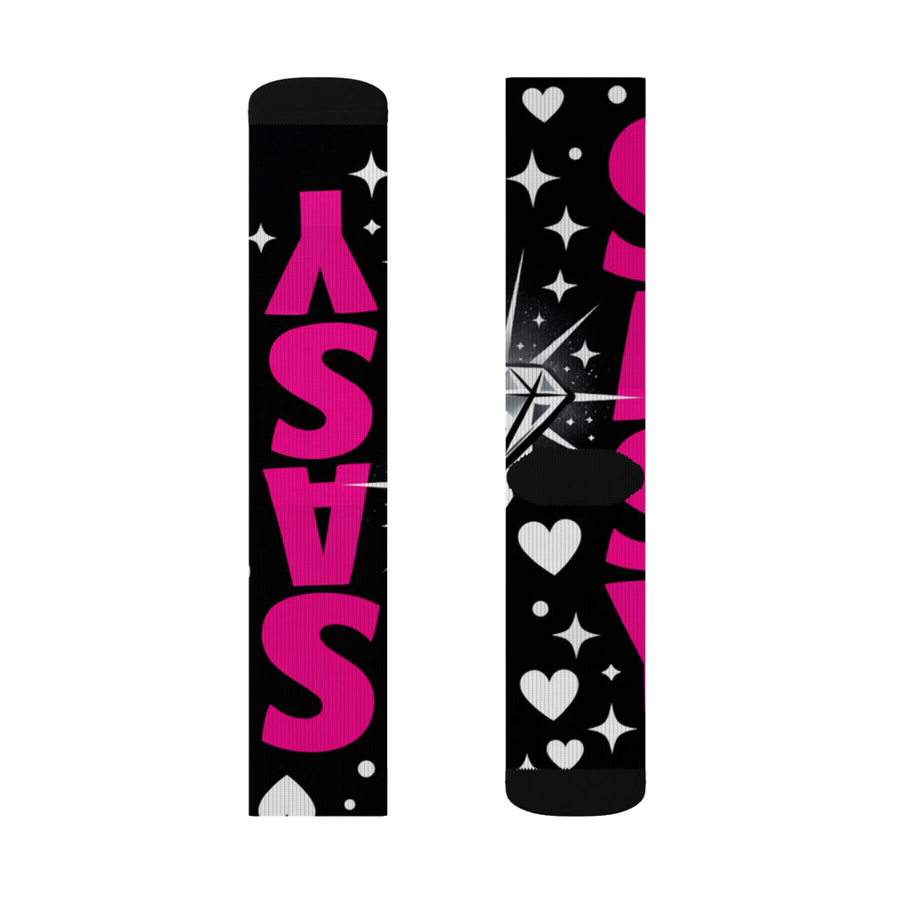 Pink & Black Sparkle Sublimation Socks — 'Sassy' Graphic Crew Socks