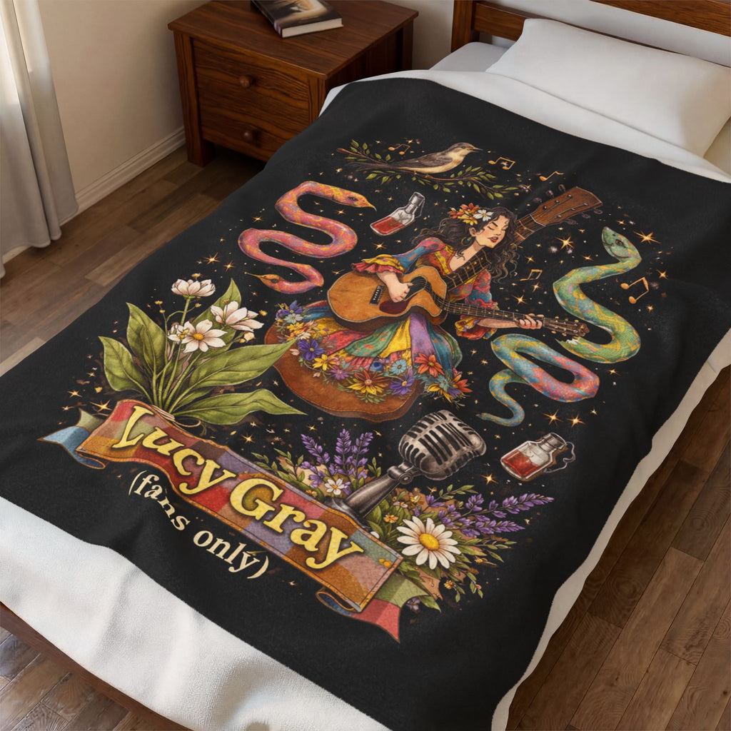 Lucy Gray Fans Plush Blanket — Cozy Singer-Songwriter Guitar Illustration Throw