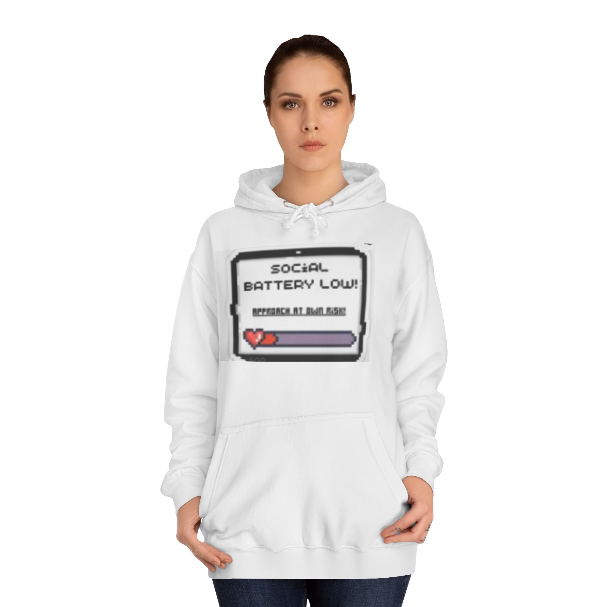 Hoodie — “Social Battery Low” Pixel Graphic & Safety Sign Pullover