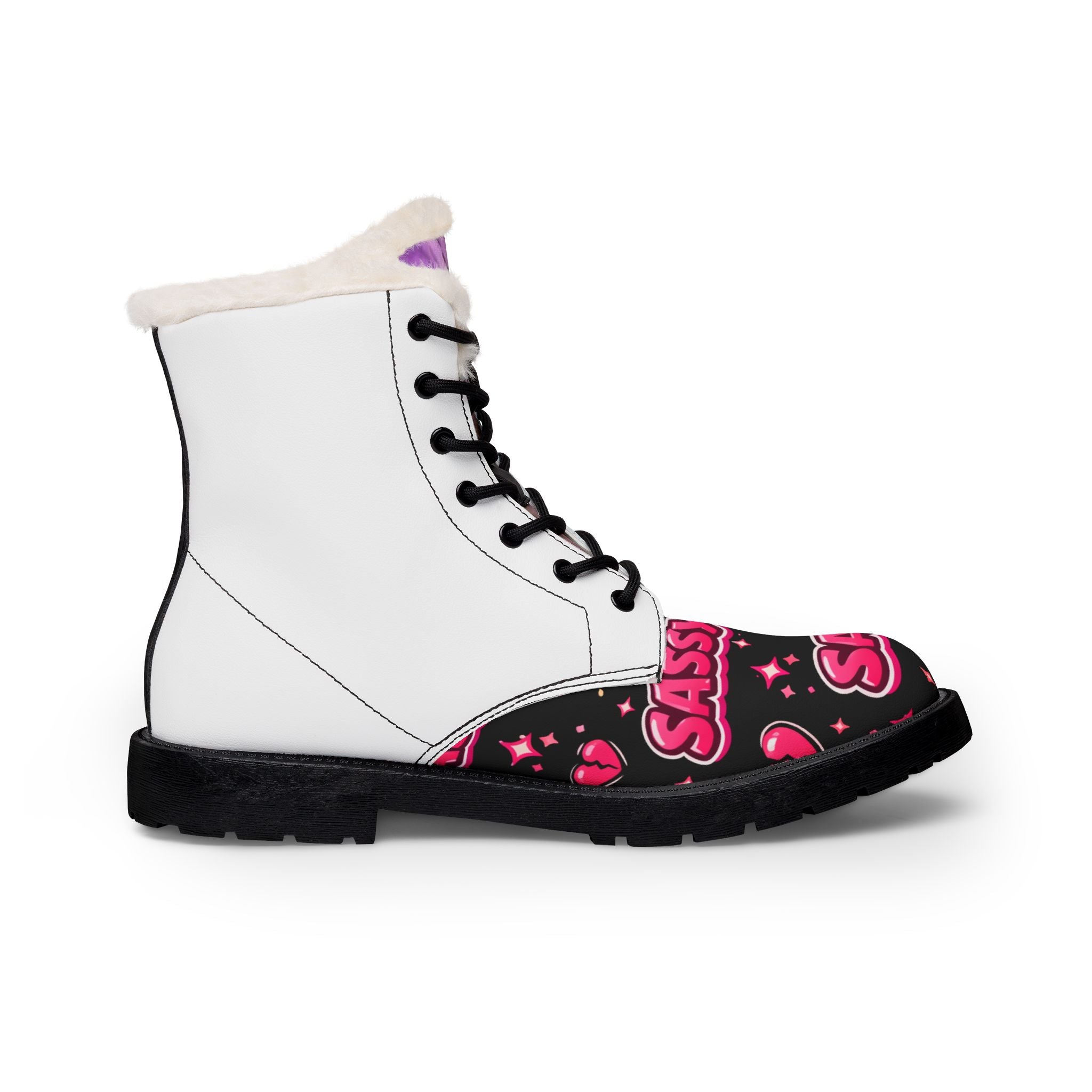 Fur-Lined Leather Boots — Sassy & Sweet Heart Print Women's Winter Boots