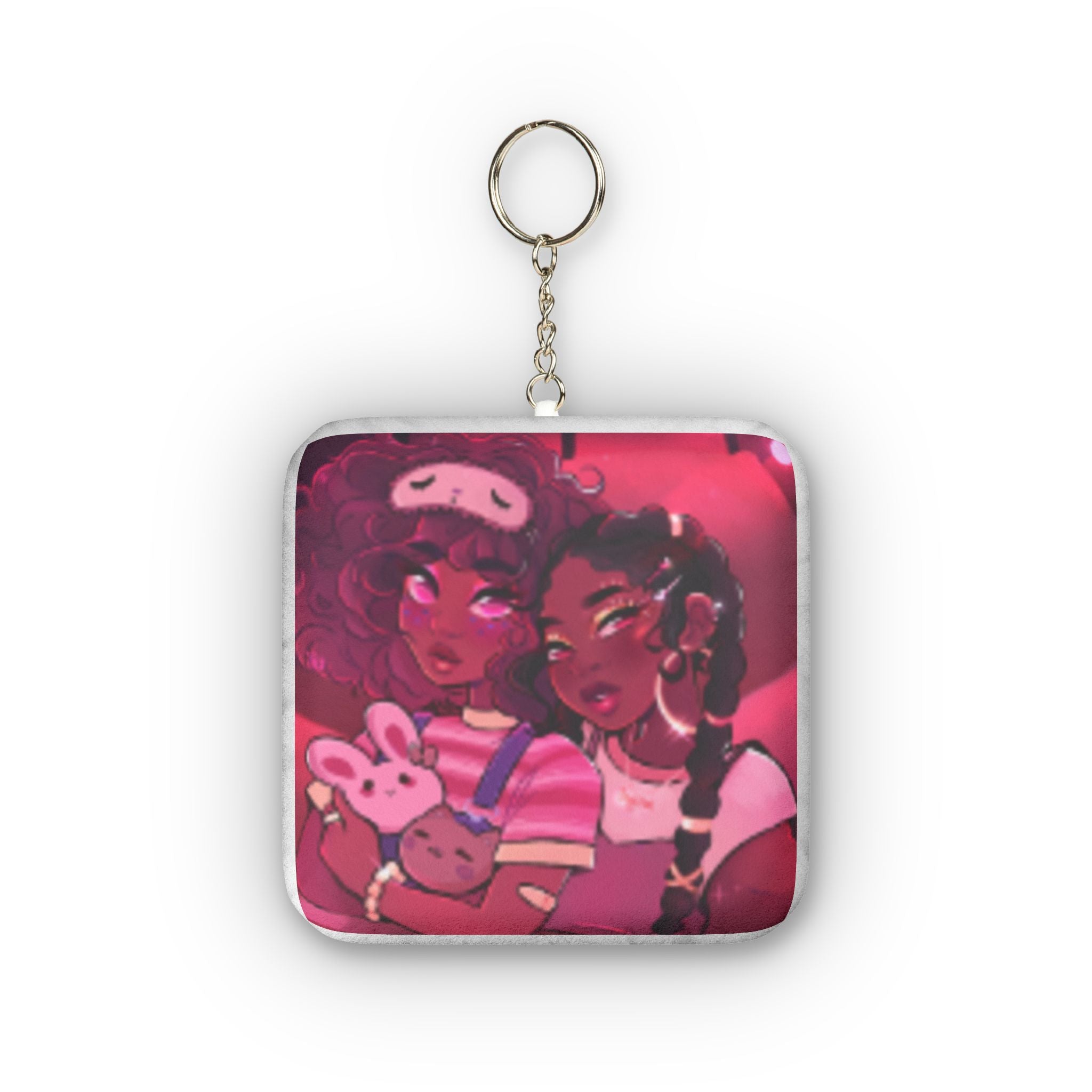 Custom Plush Keychain — Cute Pink Anime Girls Design, Mini Square Pocket Charm
