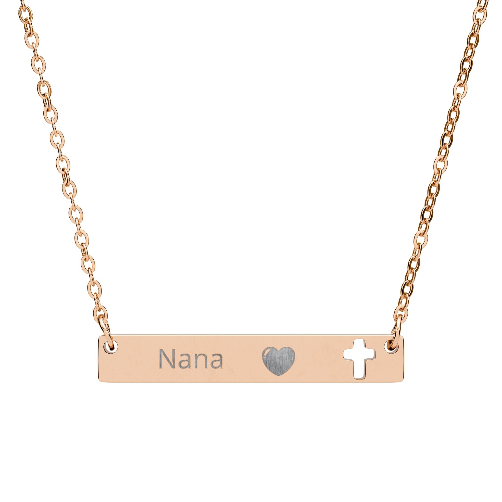 Engravable Cutout Cross Bar Necklace — Personalized Name, Heart & Cross Pendant