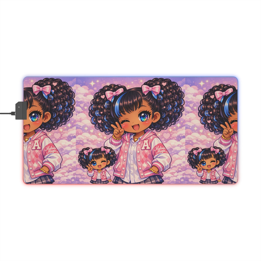 LED Gaming Mouse Pad — Cute Kawaii Afro Girl Pink RGB Desk Mat
