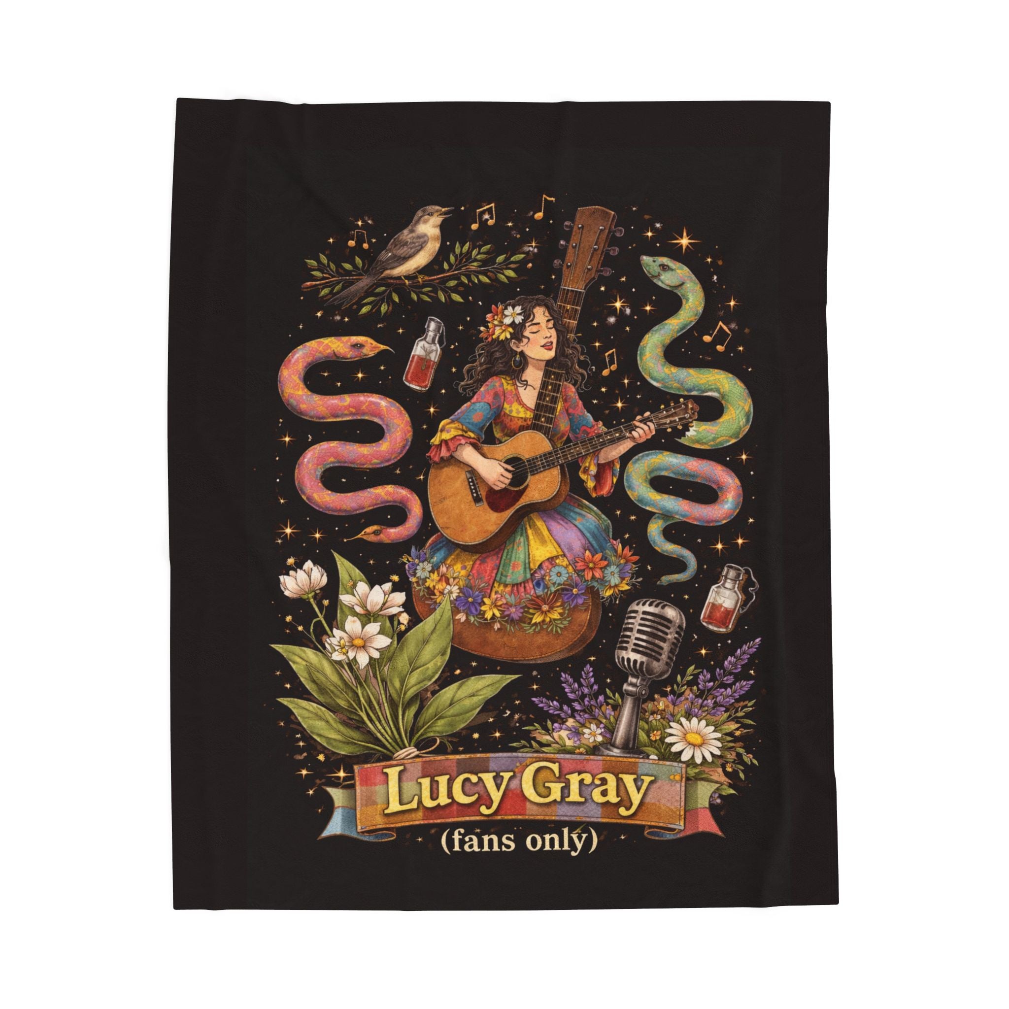 Lucy Gray Fans Plush Blanket — Cozy Singer-Songwriter Guitar Illustration Throw