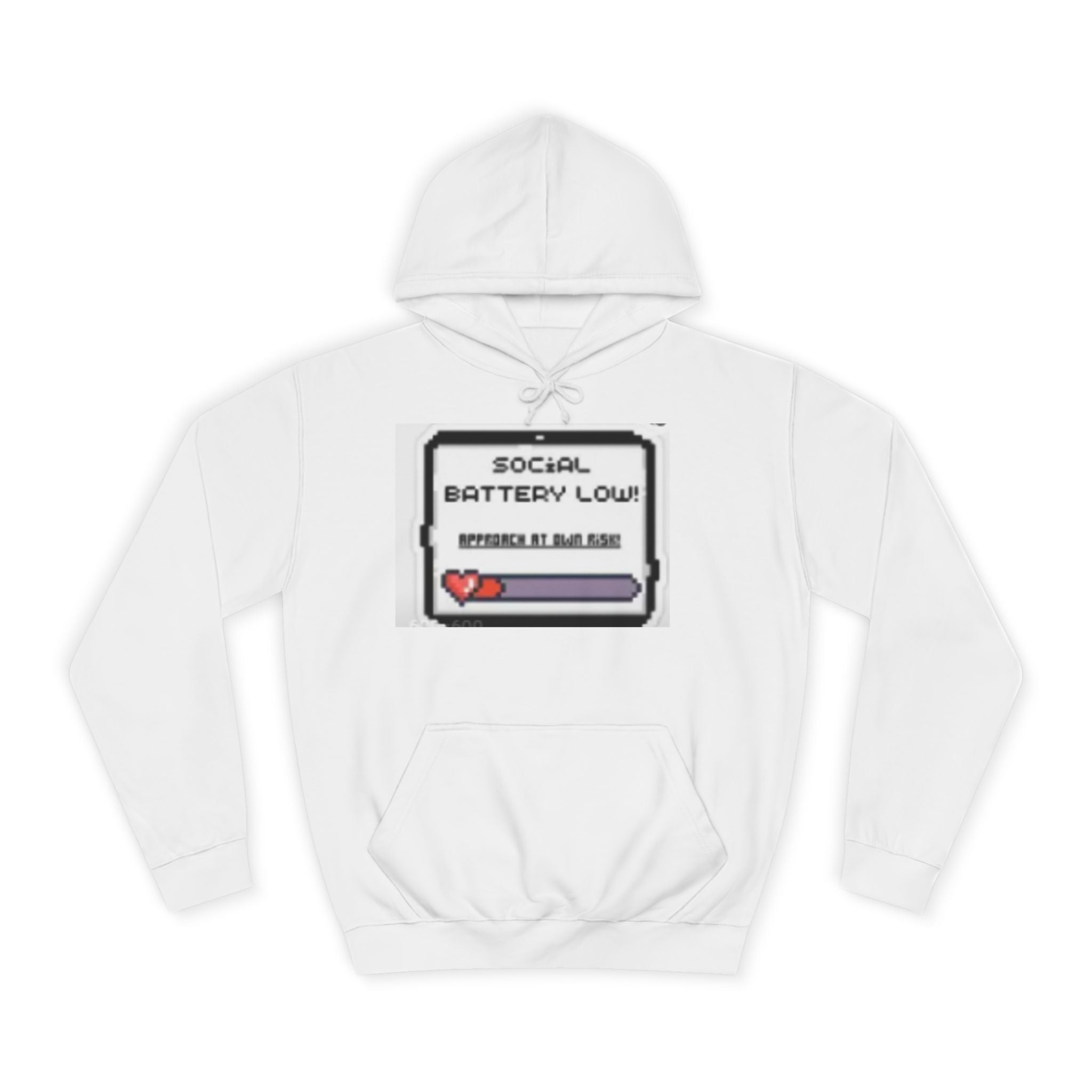 Hoodie — “Social Battery Low” Pixel Graphic & Safety Sign Pullover