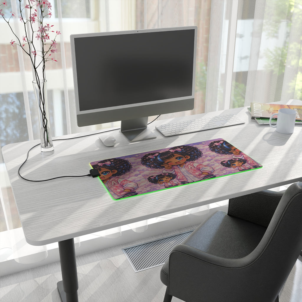 LED Gaming Mouse Pad — Cute Kawaii Afro Girl Pink RGB Desk Mat
