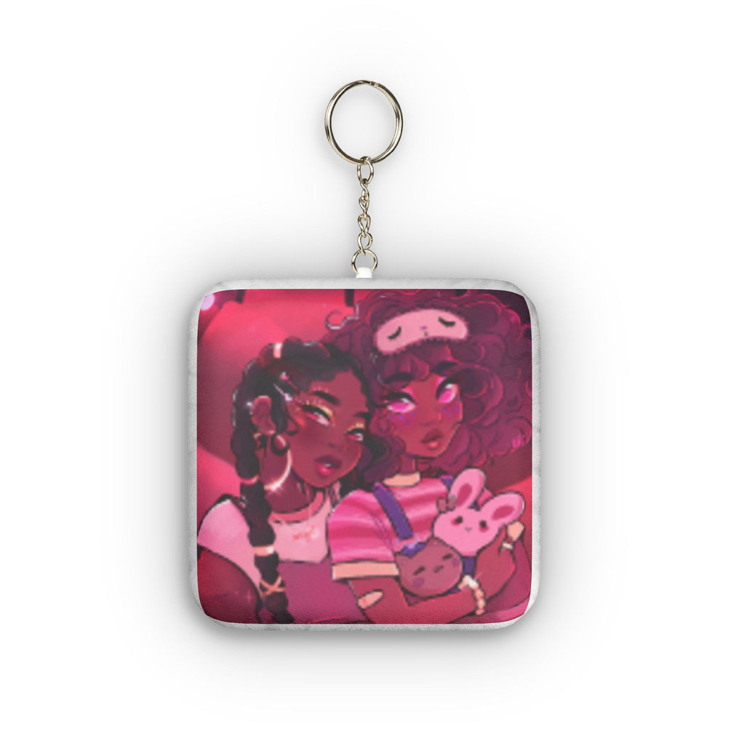 Custom Plush Keychain — Cute Pink Anime Girls Design, Mini Square Pocket Charm