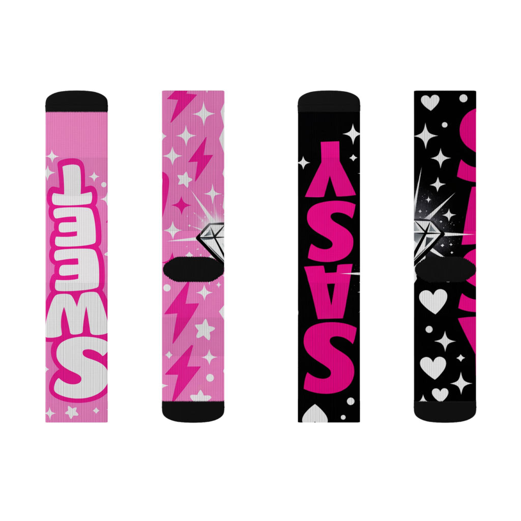 Pink & Black Sparkle Sublimation Socks — 'Sassy' Graphic Crew Socks