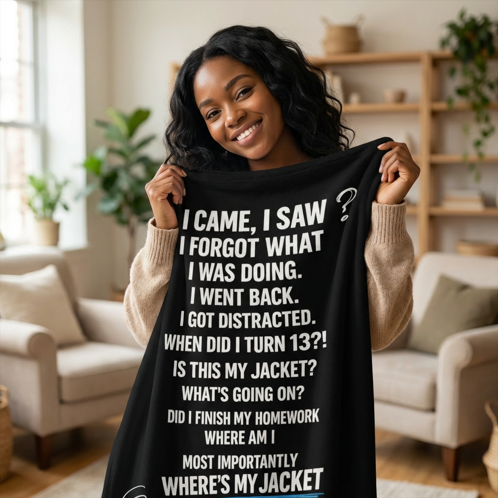 Funny Memory Loss Quote Throw Blanket — "I Came, I Saw... Where's My Jacket?" Cozy Novelty Gift