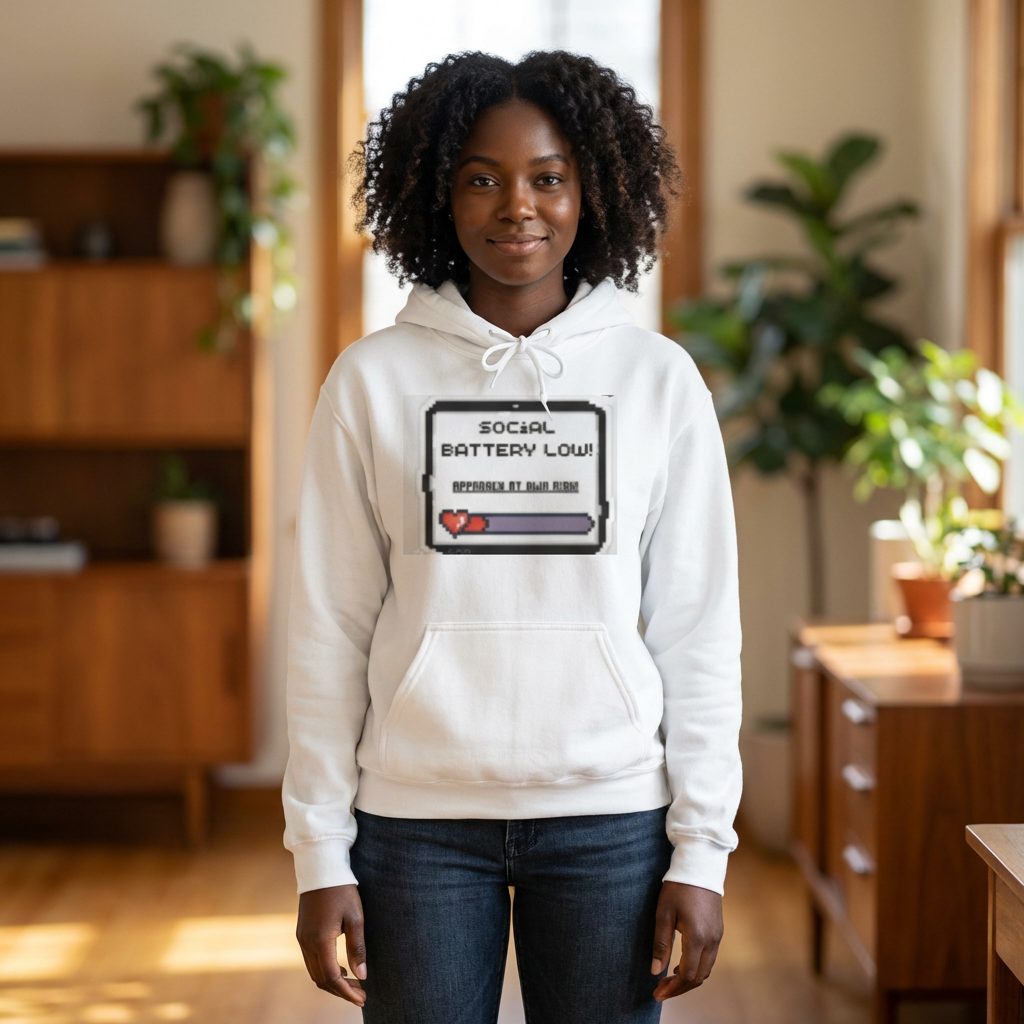 Hoodie — “Social Battery Low” Pixel Graphic & Safety Sign Pullover