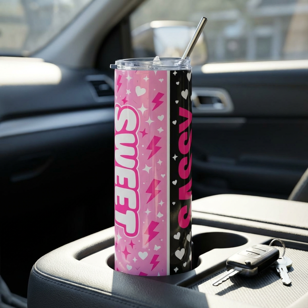 Sweet Sassy 20oz Stainless Steel Tumbler — Pink Hearts & Lightning Design