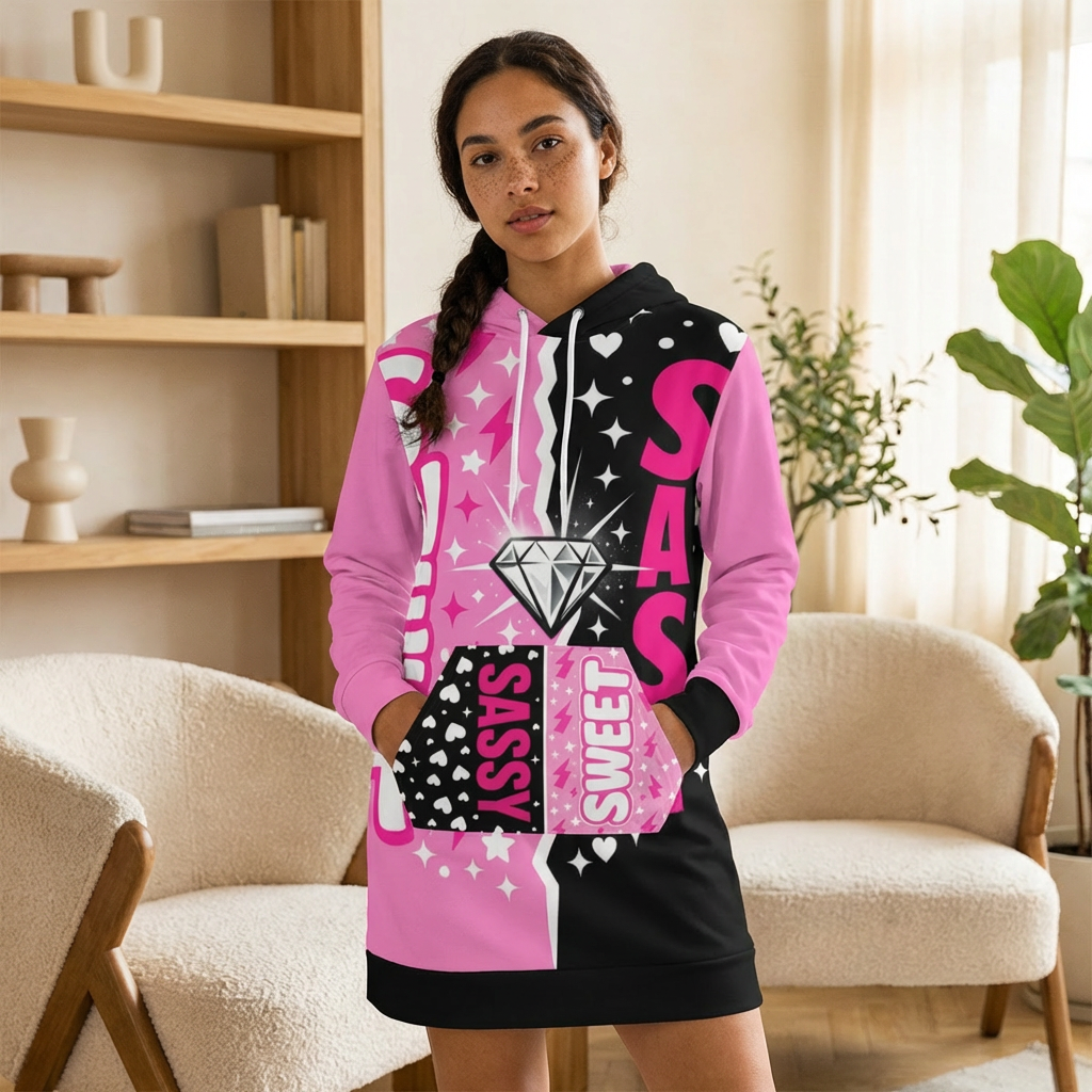Sweet & Sassy Hoodie Dress – Pink Black Diamond Graphic
