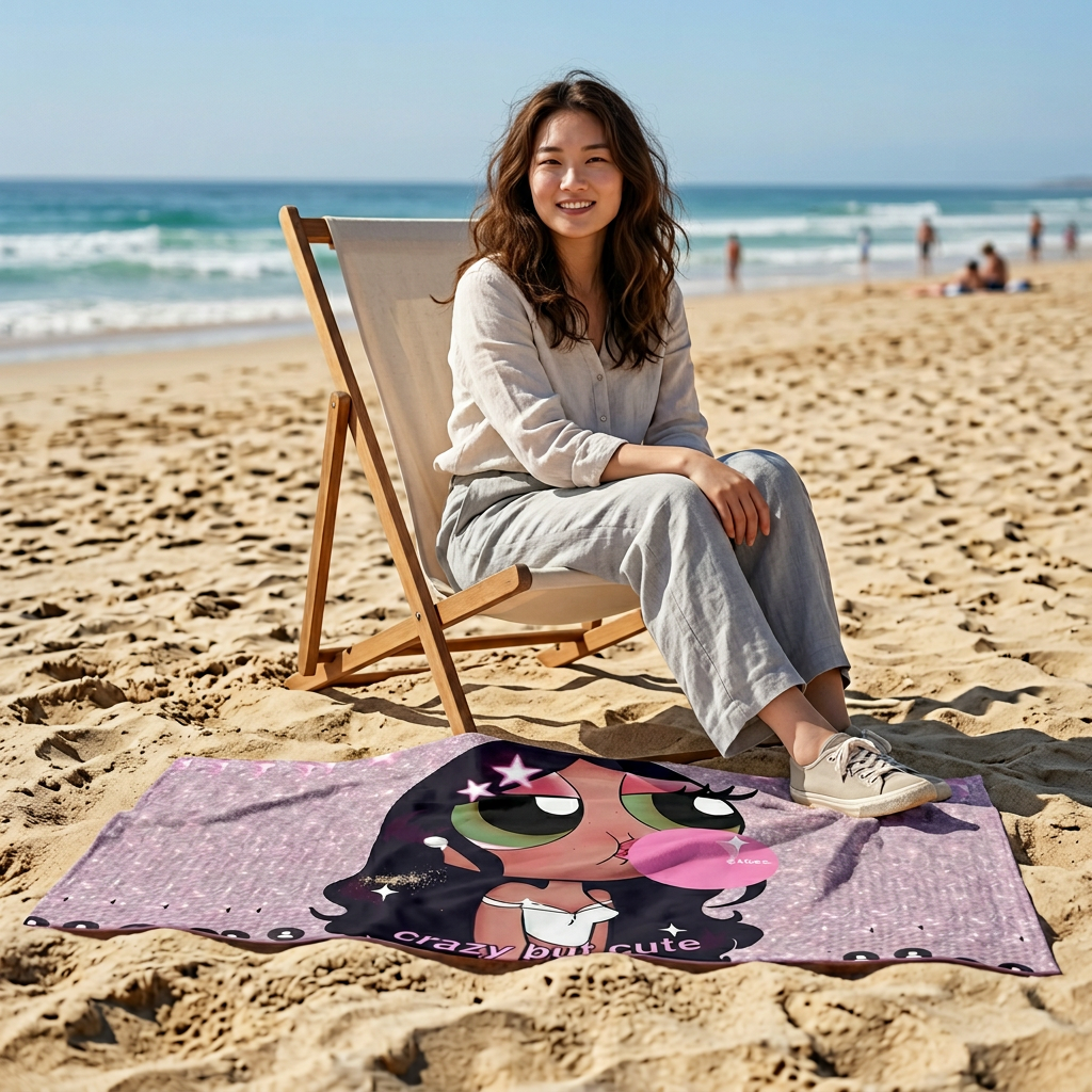 Beach Towel - Cute Bubblegum Girl "Crazy But Cute" Graphic Beach Towel