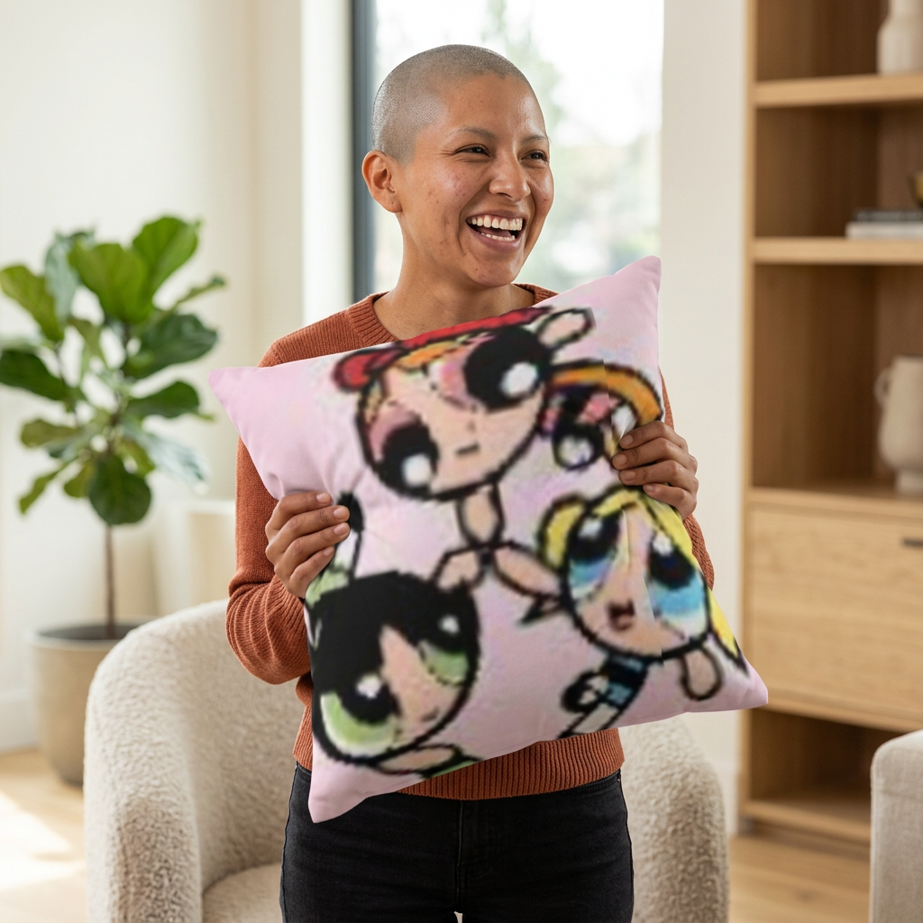Powerpuff Girls Pink Cartoon Throw Pillow — Blossom, Bubbles & Buttercup Decorative Cushion