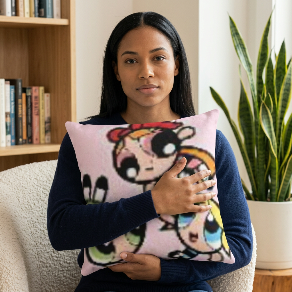 Powerpuff Girls Pink Cartoon Throw Pillow — Blossom, Bubbles & Buttercup Decorative Cushion