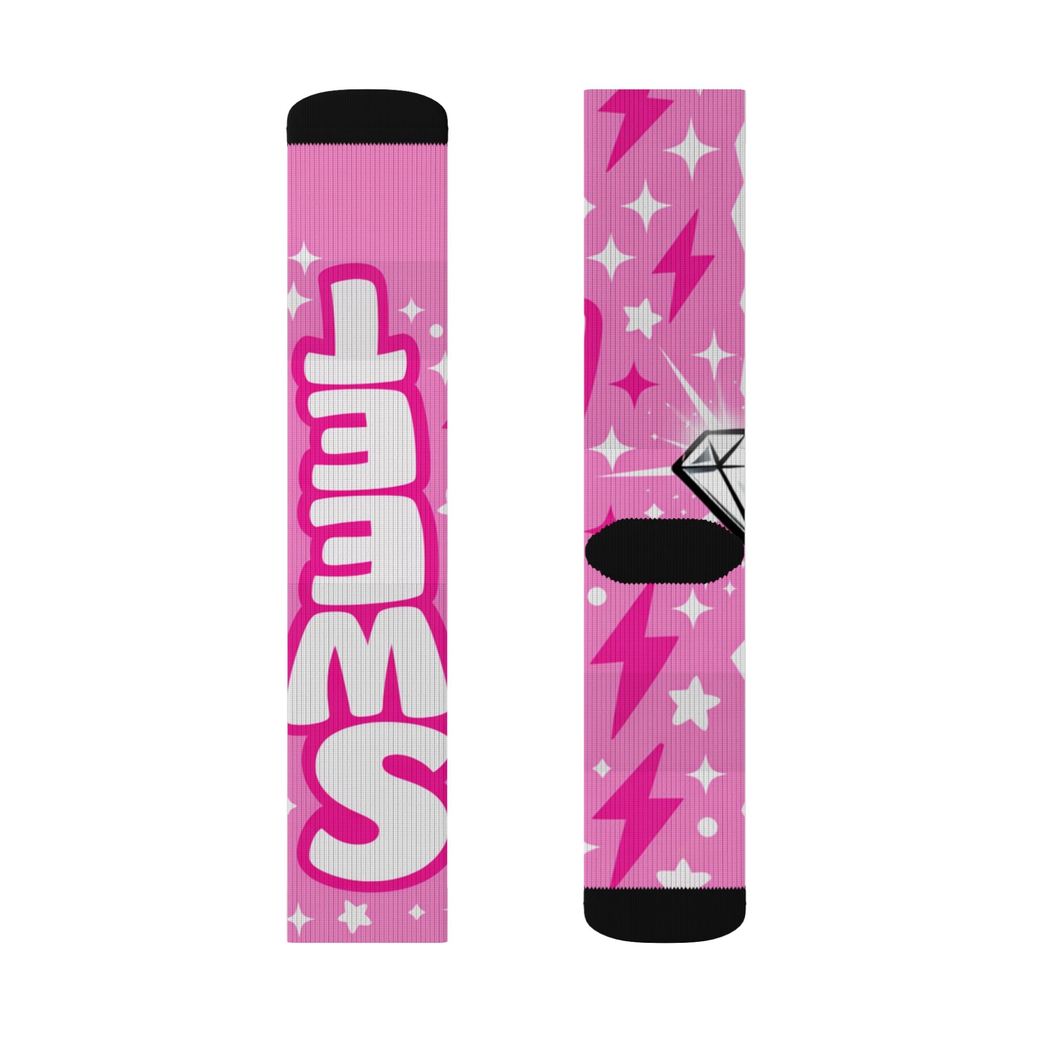 Pink & Black Sparkle Sublimation Socks — 'Sassy' Graphic Crew Socks