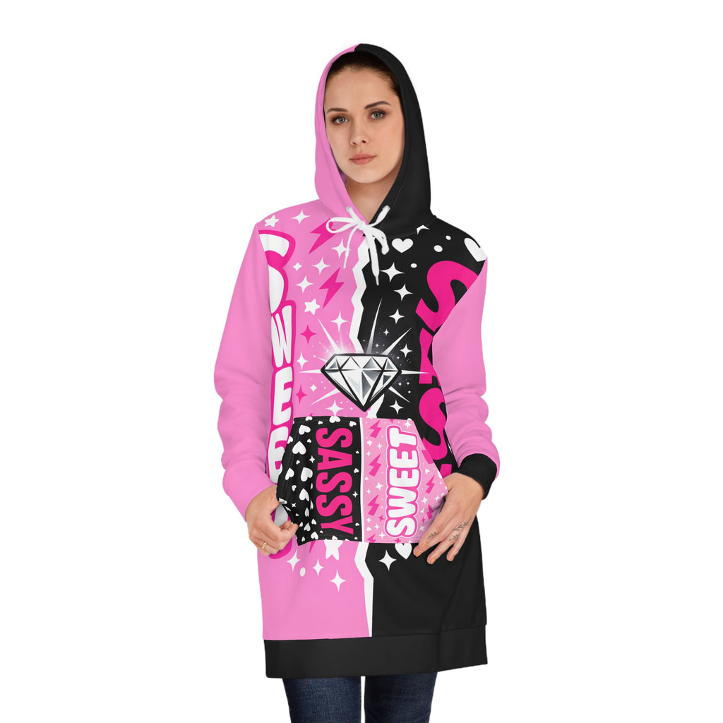 Sweet & Sassy Hoodie Dress – Pink Black Diamond Graphic