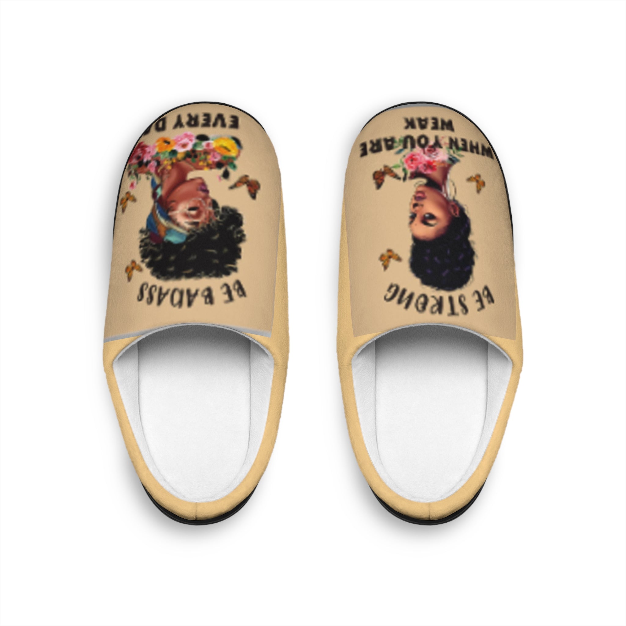 Be Strong, Be Badass Women’s Indoor Slippers — Floral Afro Portrait Comfort