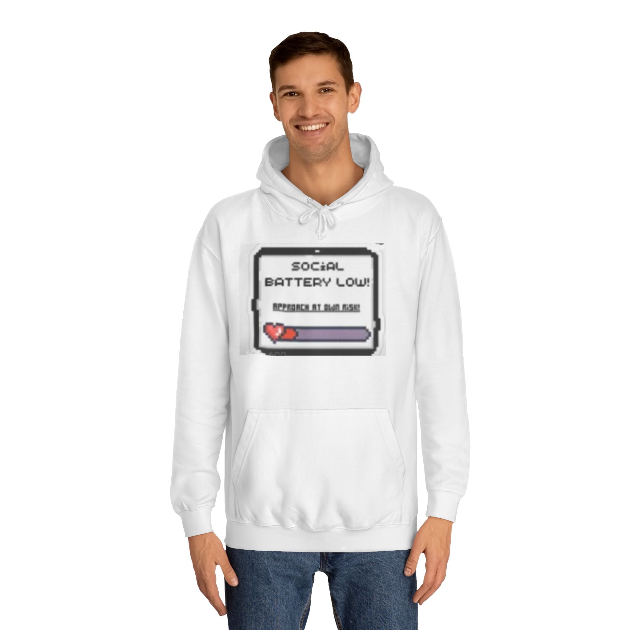 Hoodie — “Social Battery Low” Pixel Graphic & Safety Sign Pullover