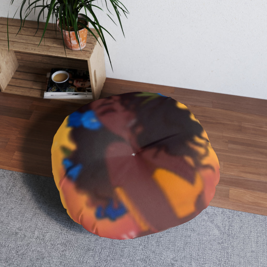 Round Tufted Floor Pillow — Smiling Black Girl in Yellow Tank with Blue Butterflies