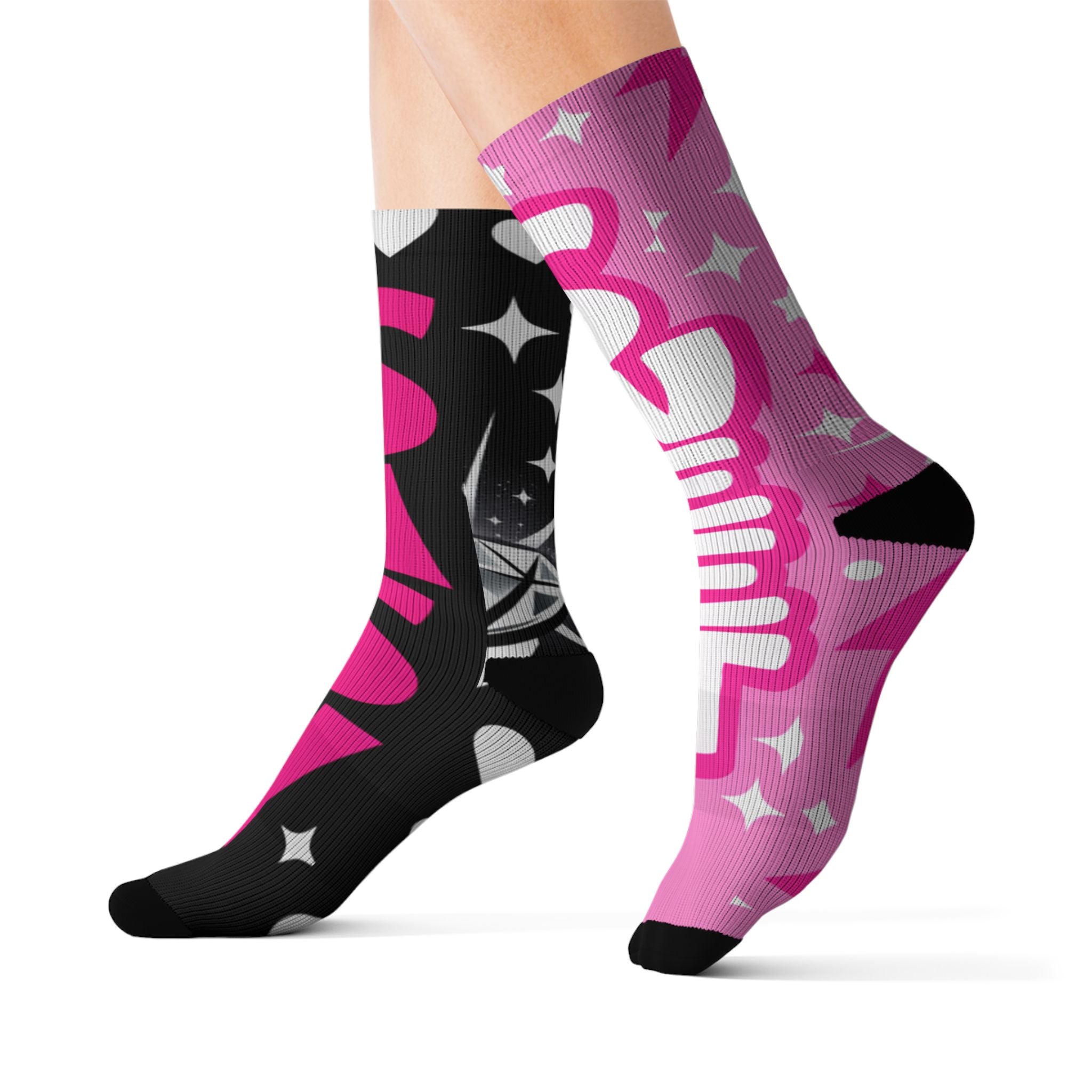 Pink & Black Sparkle Sublimation Socks — 'Sassy' Graphic Crew Socks