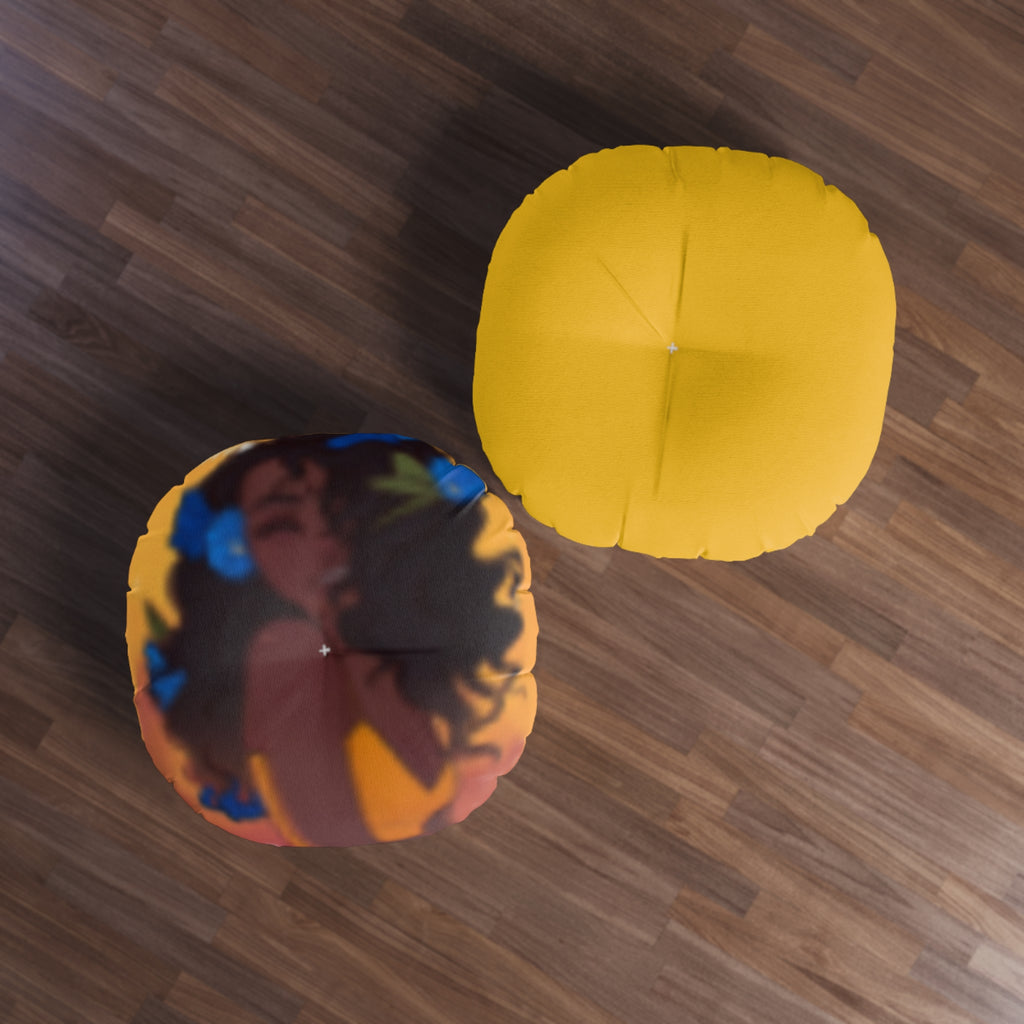 Round Tufted Floor Pillow — Smiling Black Girl in Yellow Tank with Blue Butterflies