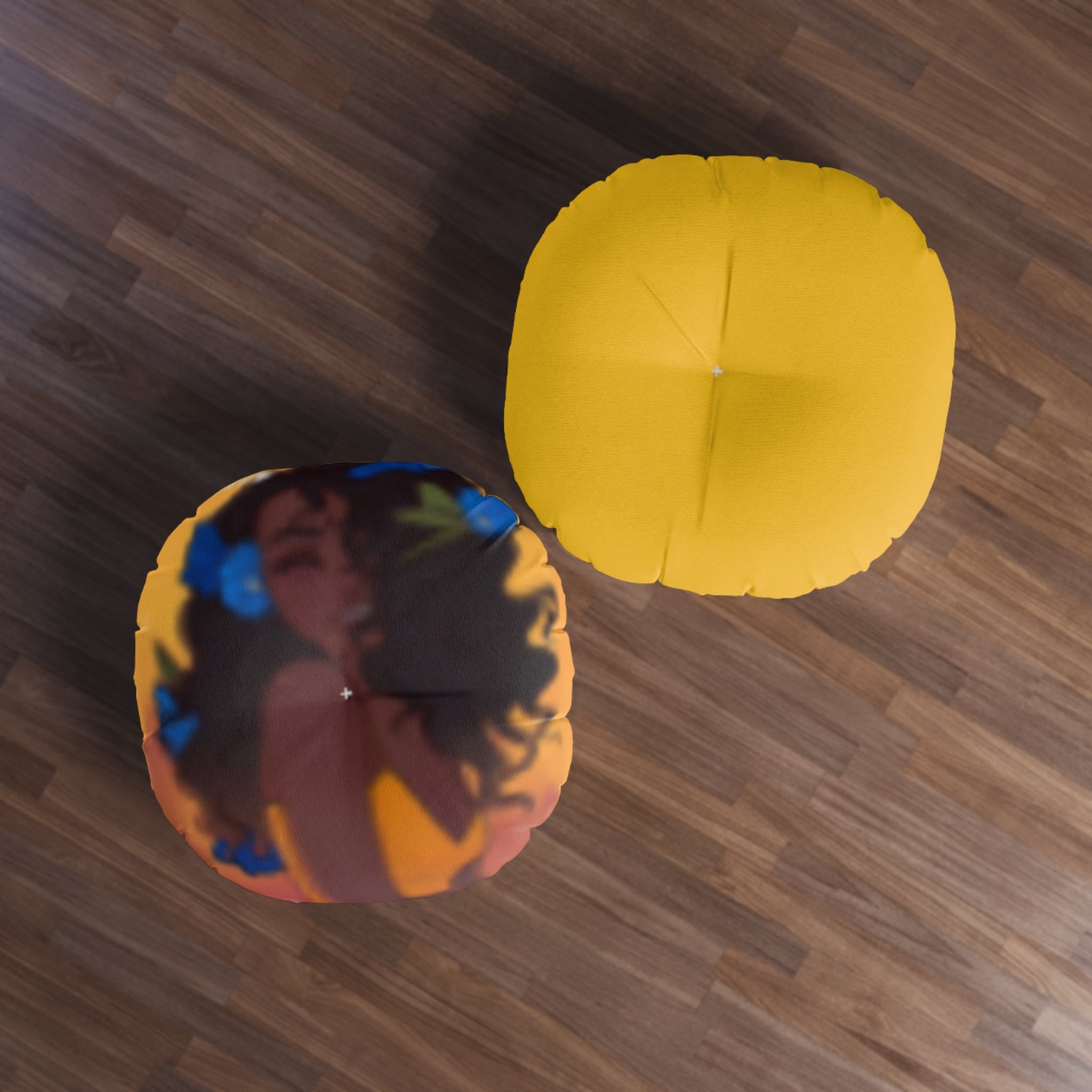 Round Tufted Floor Pillow — Smiling Black Girl in Yellow Tank with Blue Butterflies