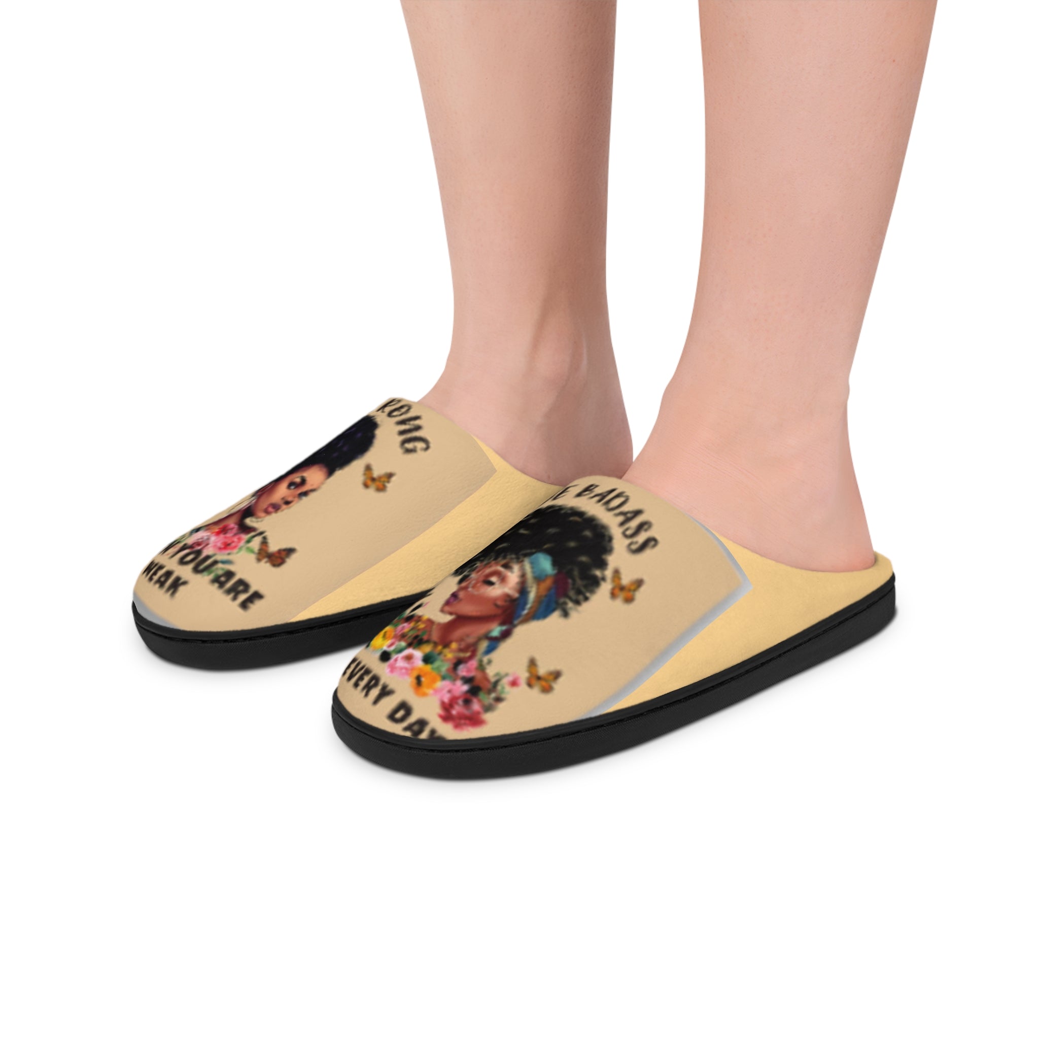 Be Strong, Be Badass Women’s Indoor Slippers — Floral Afro Portrait Comfort