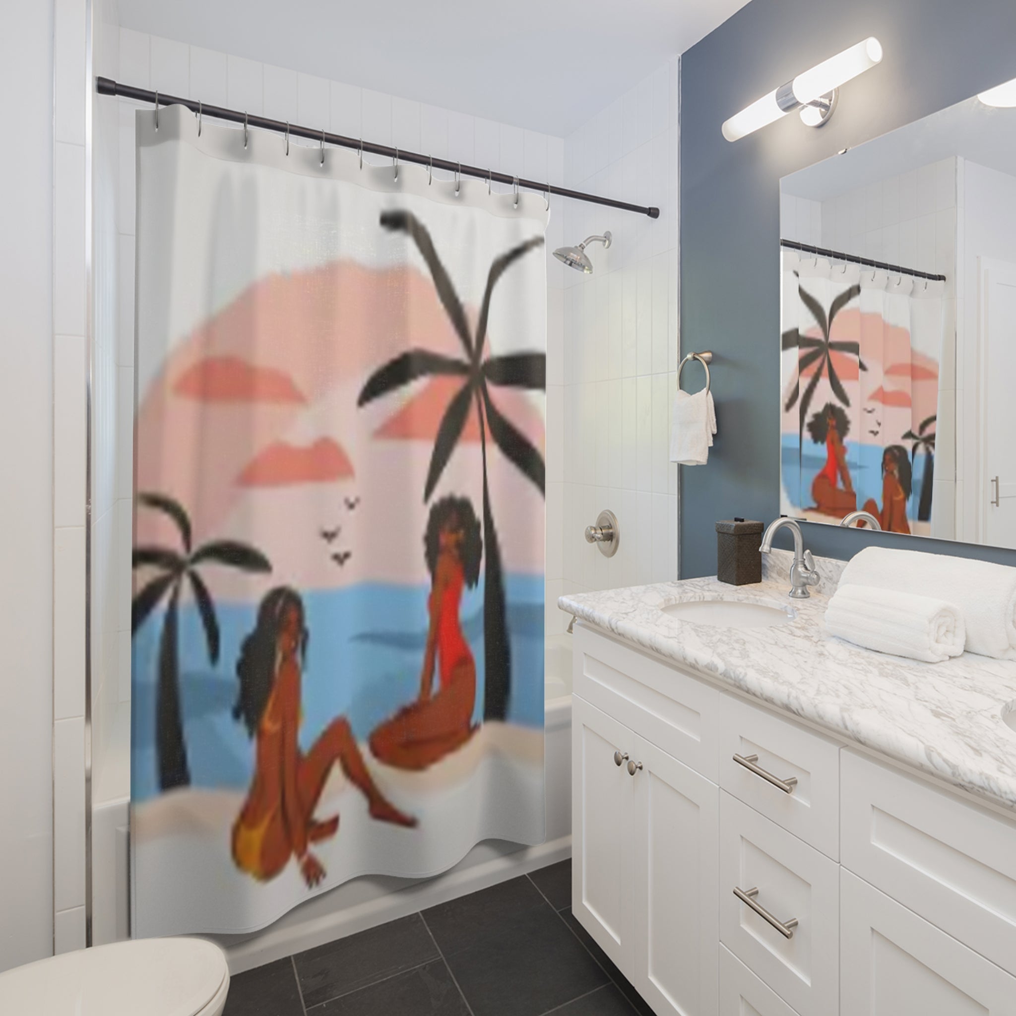 Shower Curtain - Tropical Sunset Beach Scene with Black Women Illustration