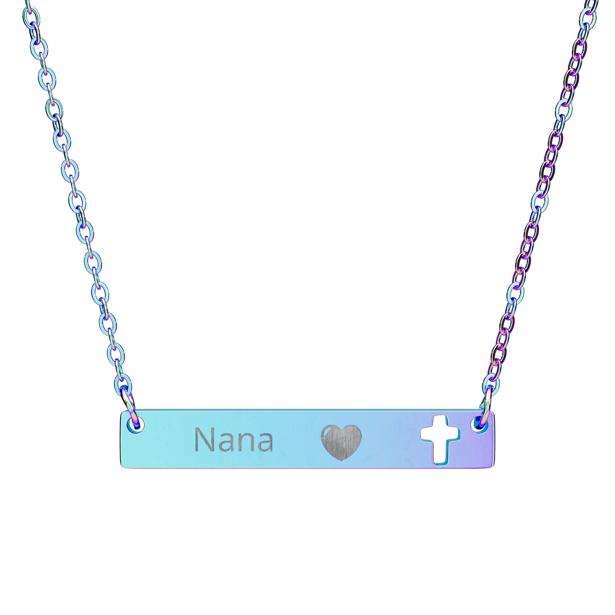 Engravable Cutout Cross Bar Necklace — Personalized Name, Heart & Cross Pendant