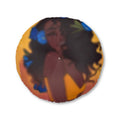 Round Tufted Floor Pillow — Smiling Black Girl in Yellow Tank with Blue Butterflies