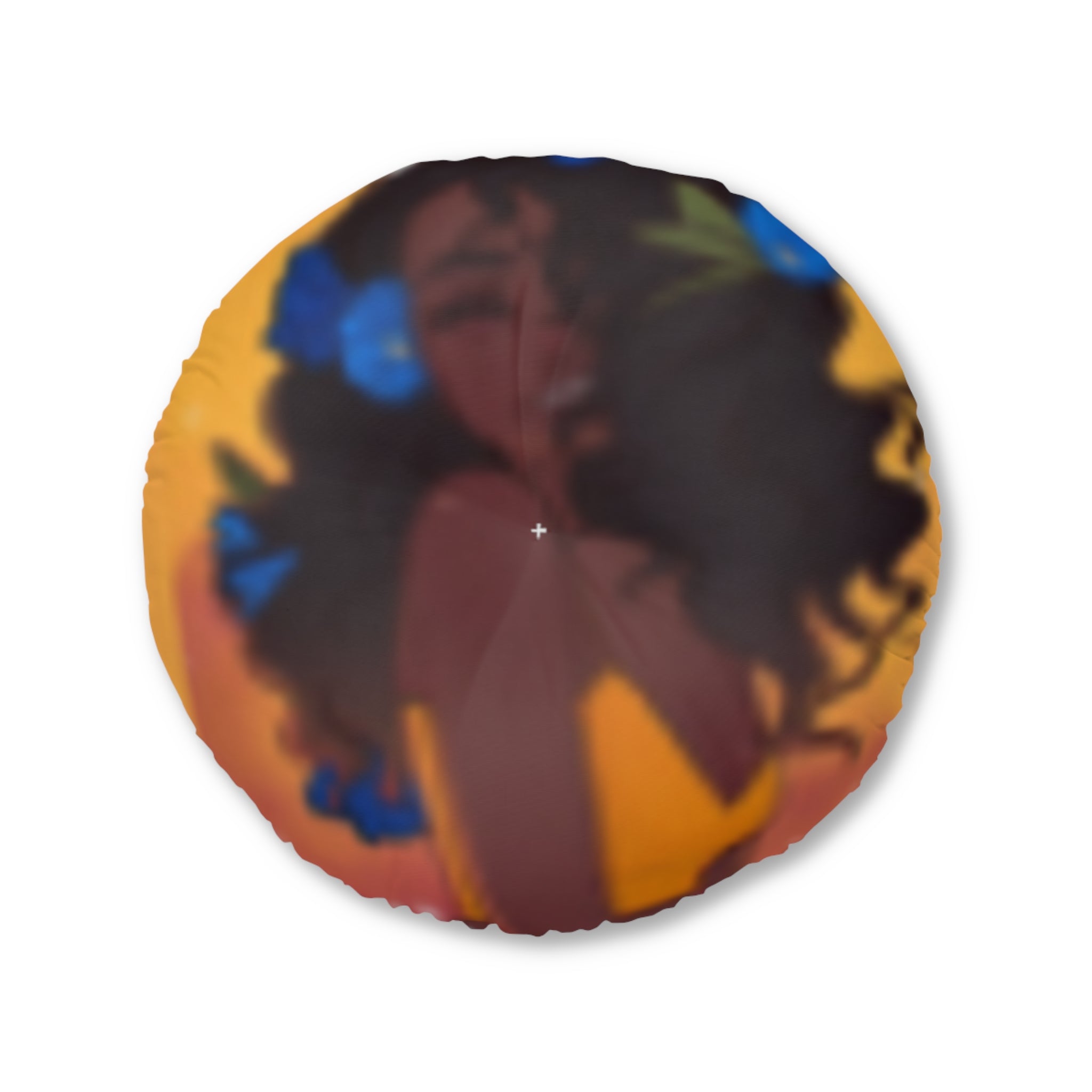 Round Tufted Floor Pillow — Smiling Black Girl in Yellow Tank with Blue Butterflies