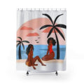Shower Curtain - Tropical Sunset Beach Scene with Black Women Illustration