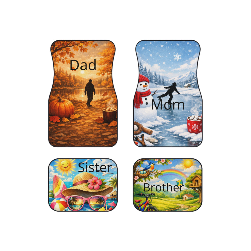 Personalized Family Car Floor Mats (Set of 4) — Custom Names: Dad, Mom, Sister, Brother — Seasonal Scenic Designs